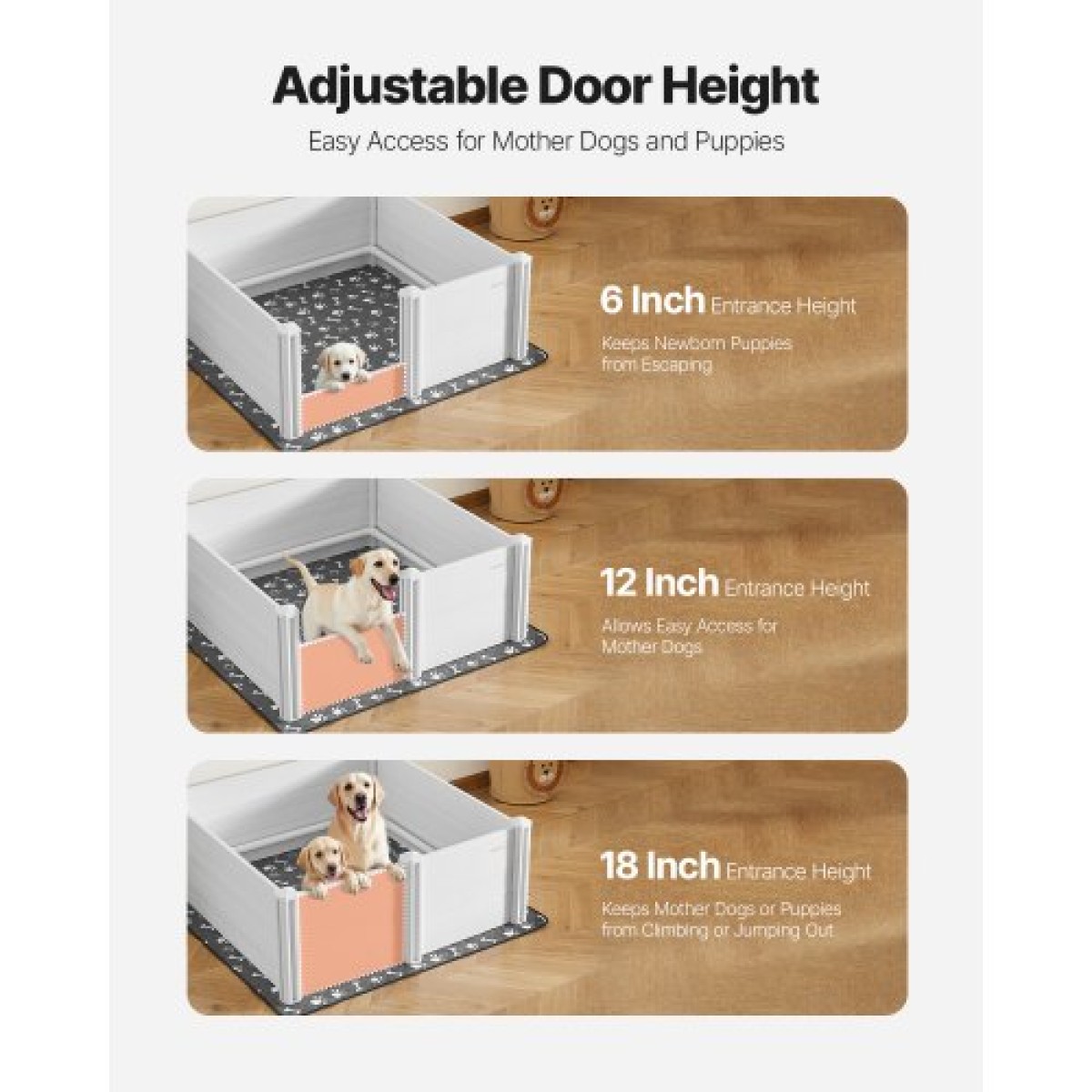 Κουτί VEVOR Dogs Whelping Box, 48 x 48 x 18,1 ιντσών, Πλαστικό PVC κουτάβια παρκοκρέβατο με ρυθμιζόμενη πόρτα και πλενόμενο μαξιλαράκι ούρων, αντιπαραμορφωτικό εσωτερικό κουτάβι για σκύλους μεγάλης φυλής, Milk White