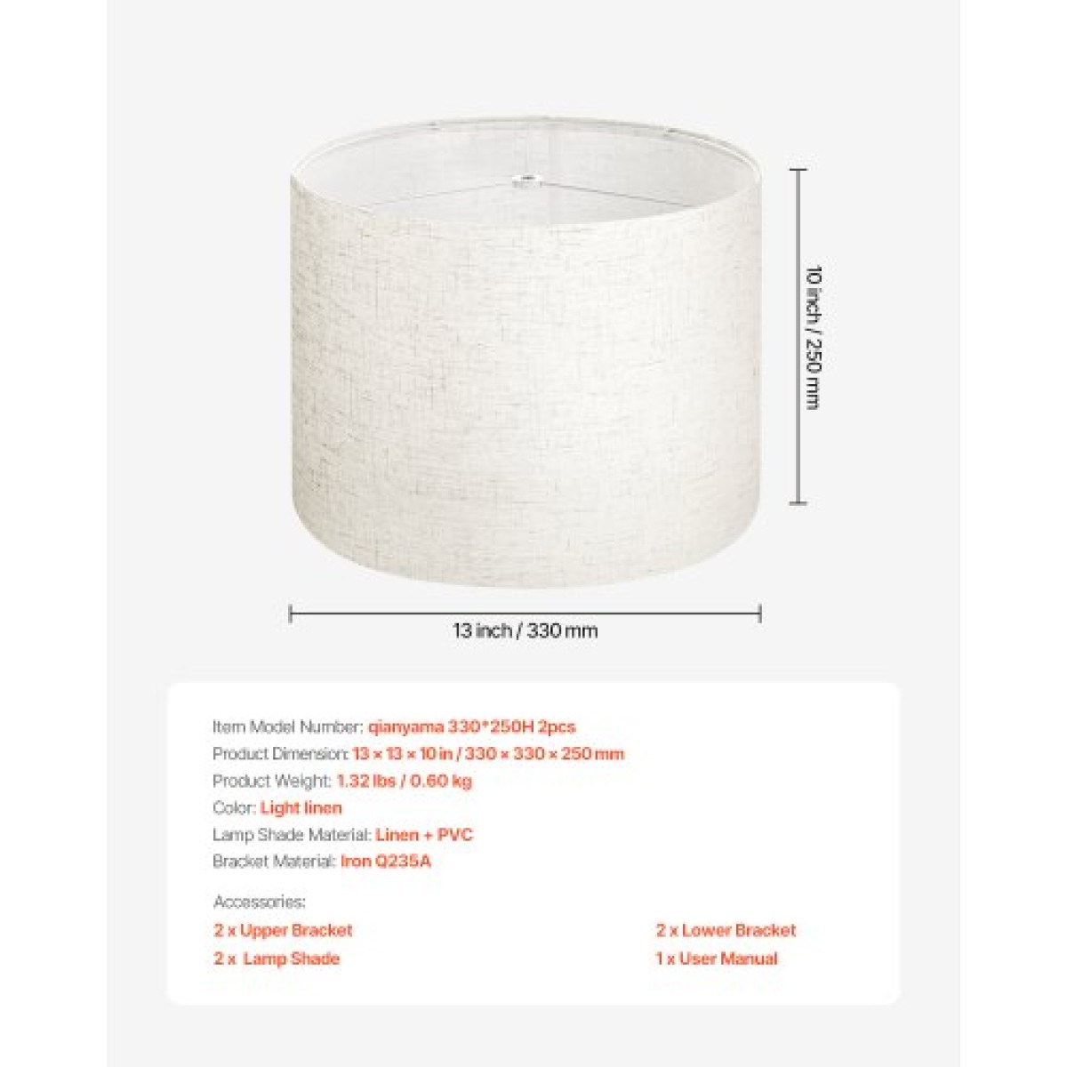 VEVOR Drum Lamp Shade 2 Set, 13 in Top x 13 in Bottom x 10 in High, Medium Drum Len αμπαζούρ, Ανταλλακτικό φωτιστικό για επιτραπέζια φωτιστικά Φωτιστικά δαπέδου Κρεμαστά φώτα, Απαιτείται εύκολη συναρμολόγηση (ελαφρύ λινό)