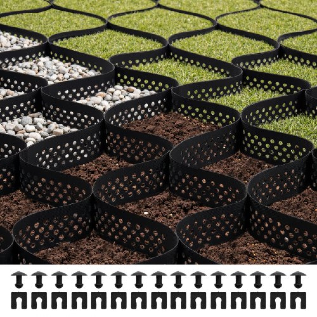 VEVOR Gravel Grid, 3 Inch Depth, 24,93 x 9,52 FT / 7600 x 2900 mm, 1880 LBS Per Sq ft Grass Ground Retainer, Permeable Geo Grids Driveway Stabilization, for Garden, Patio, Walkway, RV Parking Slopes