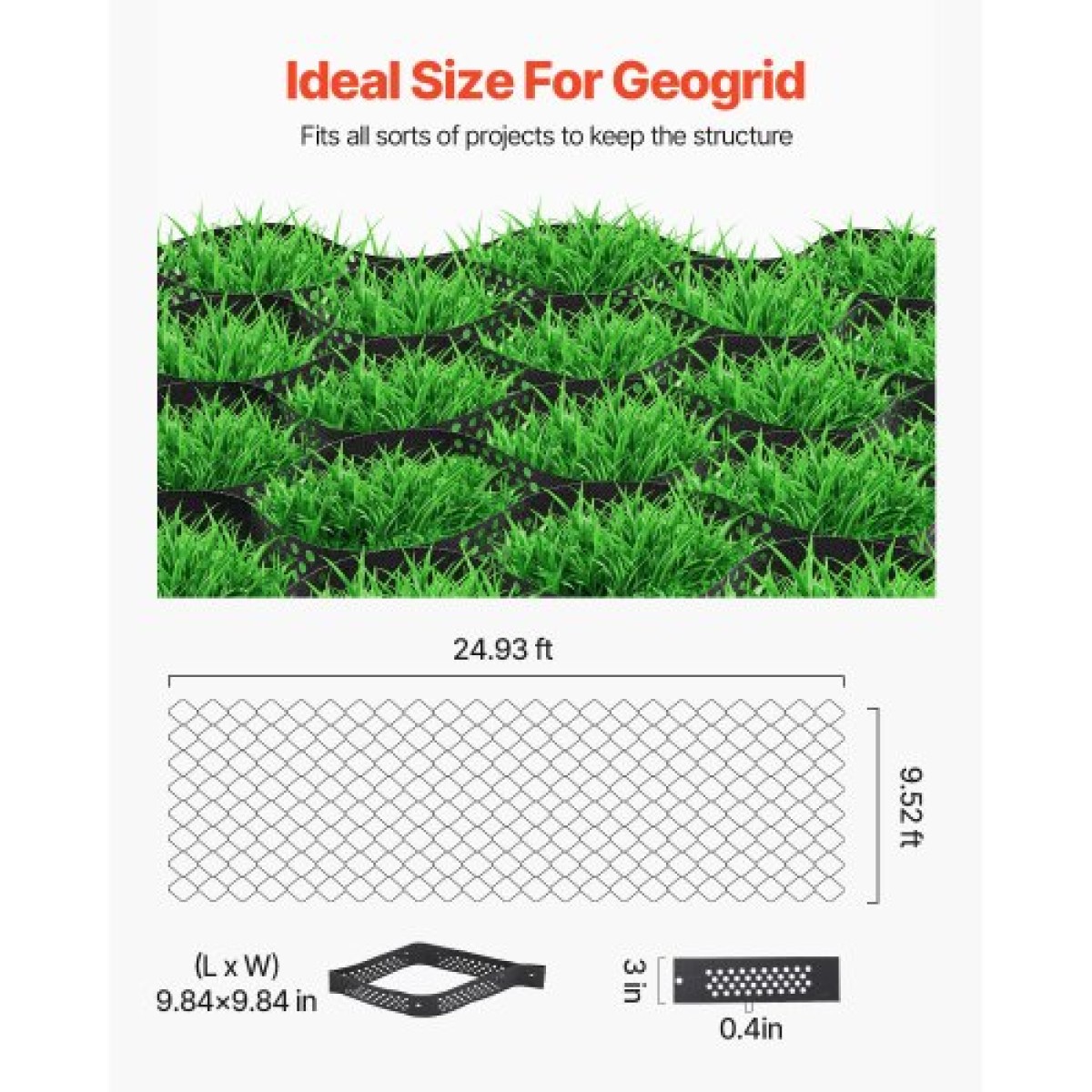 VEVOR Gravel Grid, 3 Inch Depth, 24,93 x 9,52 FT / 7600 x 2900 mm, 1880 LBS Per Sq ft Grass Ground Retainer, Permeable Geo Grids Driveway Stabilization, for Garden, Patio, Walkway, RV Parking Slopes