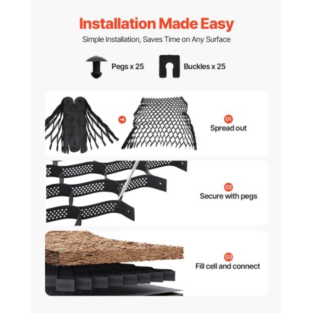 VEVOR Gravel Grid, 3 Inch Depth, 24,93 x 9,52 FT / 7600 x 2900 mm, 1880 LBS Per Sq ft Grass Ground Retainer, Permeable Geo Grids Driveway Stabilization, for Garden, Patio, Walkway, RV Parking Slopes
