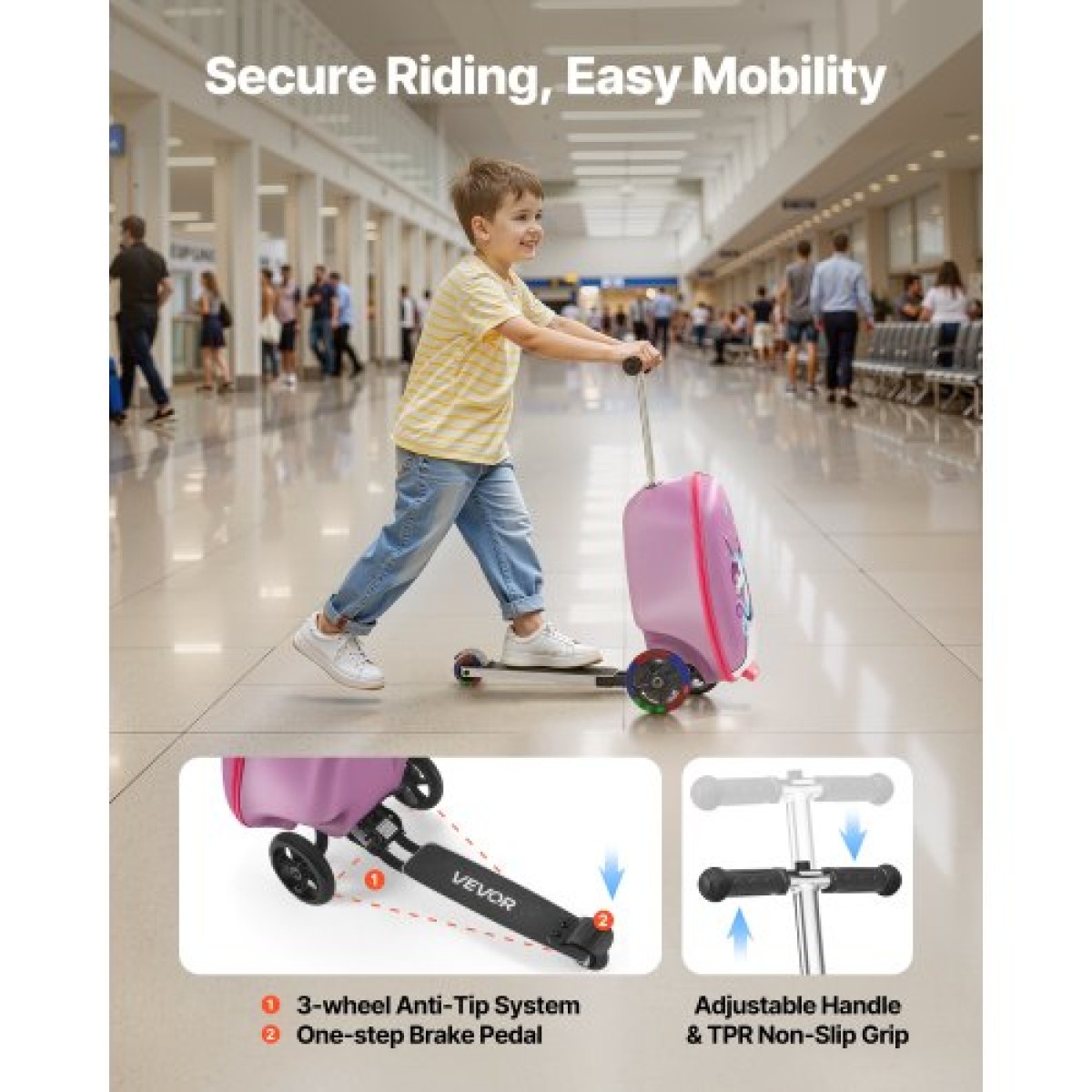 VEVOR Ride-on Bagage, χωρητικότητας 20 L, 20 ιντσών βαλίτσα παιδικού σκούτερ με τροχούς flash PU, ρυθμιζόμενη λαβή & αντιολισθητική λαβή TPR, αναδιπλούμενη & ελαφριά αποσκευή σκούτερ για παιδιά ηλικίας 5+, μωβ