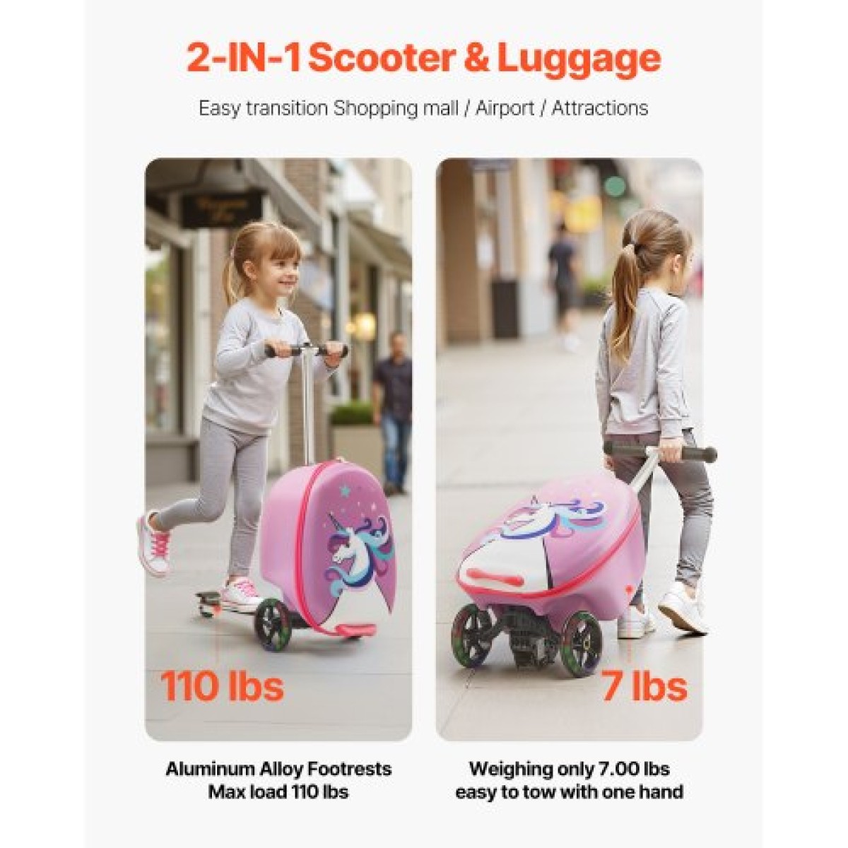 VEVOR Ride-on Bagage, χωρητικότητας 20 L, 20 ιντσών βαλίτσα παιδικού σκούτερ με τροχούς flash PU, ρυθμιζόμενη λαβή & αντιολισθητική λαβή TPR, αναδιπλούμενη & ελαφριά αποσκευή σκούτερ για παιδιά ηλικίας 5+, μωβ