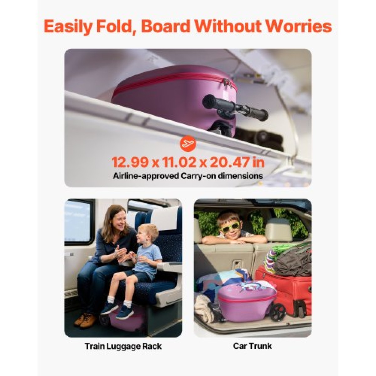 VEVOR Ride-on Bagage, χωρητικότητας 20 L, 20 ιντσών βαλίτσα παιδικού σκούτερ με τροχούς flash PU, ρυθμιζόμενη λαβή & αντιολισθητική λαβή TPR, αναδιπλούμενη & ελαφριά αποσκευή σκούτερ για παιδιά ηλικίας 5+, μωβ