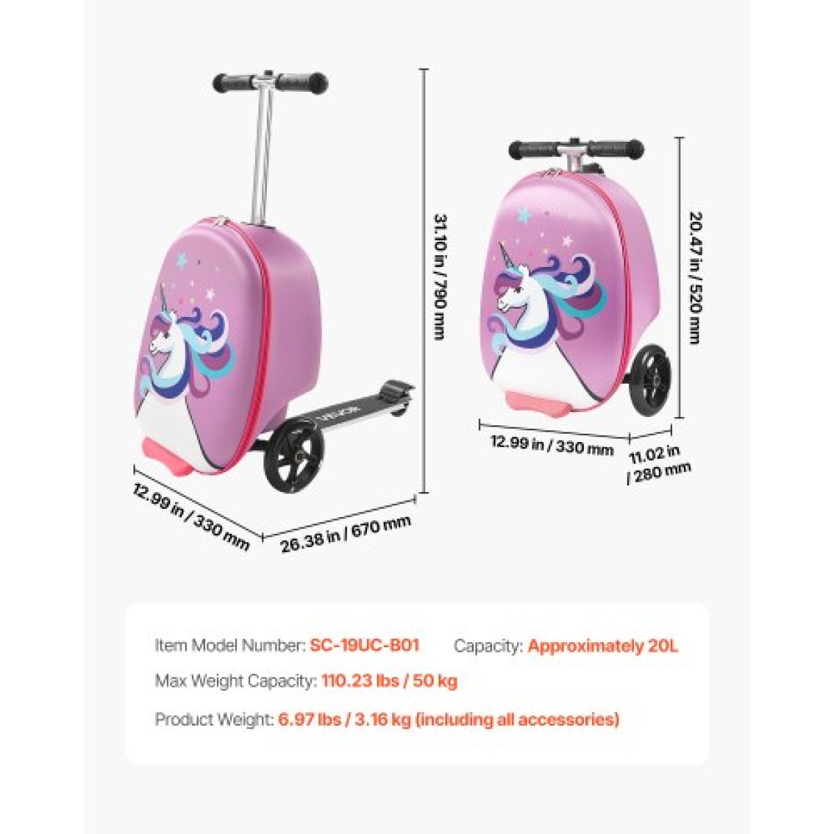 VEVOR Ride-on Bagage, χωρητικότητας 20 L, 20 ιντσών βαλίτσα παιδικού σκούτερ με τροχούς flash PU, ρυθμιζόμενη λαβή & αντιολισθητική λαβή TPR, αναδιπλούμενη & ελαφριά αποσκευή σκούτερ για παιδιά ηλικίας 5+, μωβ