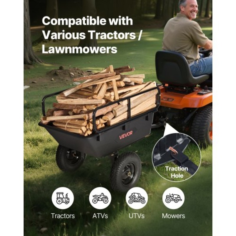 VEVOR Garden Utility Trailer, 10 Cu.Ft 227 kg, τρέιλερ μεταφοράς ATV UTV, Ρυμούλκηση πίσω από το καλάθι Poly Dump με ελαστικά 16", πεντάλ χειρός ή ποδιού, ρυμουλκούμενα βαρέως τύπου για χλοοκοπτικά τρακτέρ Garden Waste