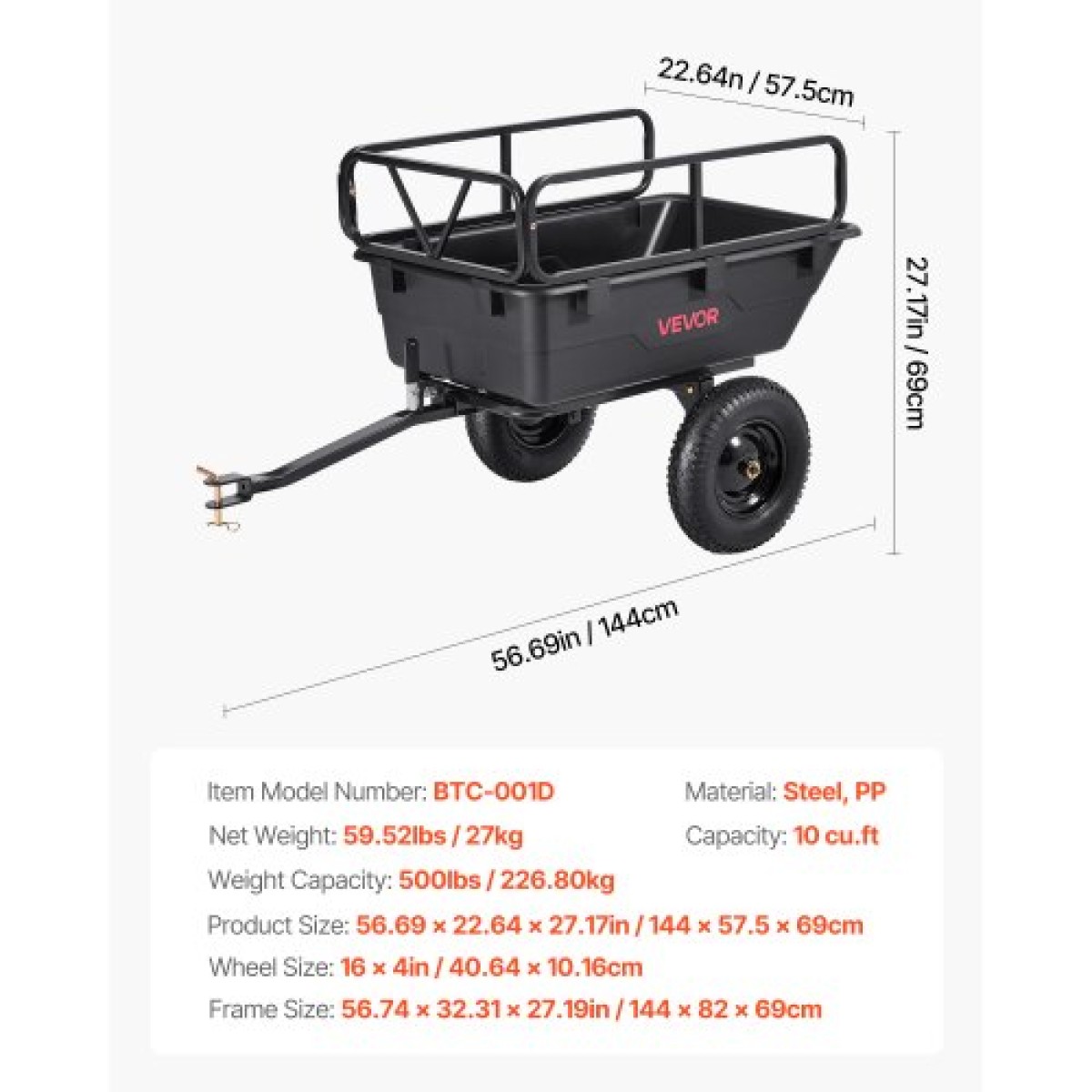 VEVOR Garden Utility Trailer, 10 Cu.Ft 227 kg, τρέιλερ μεταφοράς ATV UTV, Ρυμούλκηση πίσω από το καλάθι Poly Dump με ελαστικά 16", πεντάλ χειρός ή ποδιού, ρυμουλκούμενα βαρέως τύπου για χλοοκοπτικά τρακτέρ Garden Waste