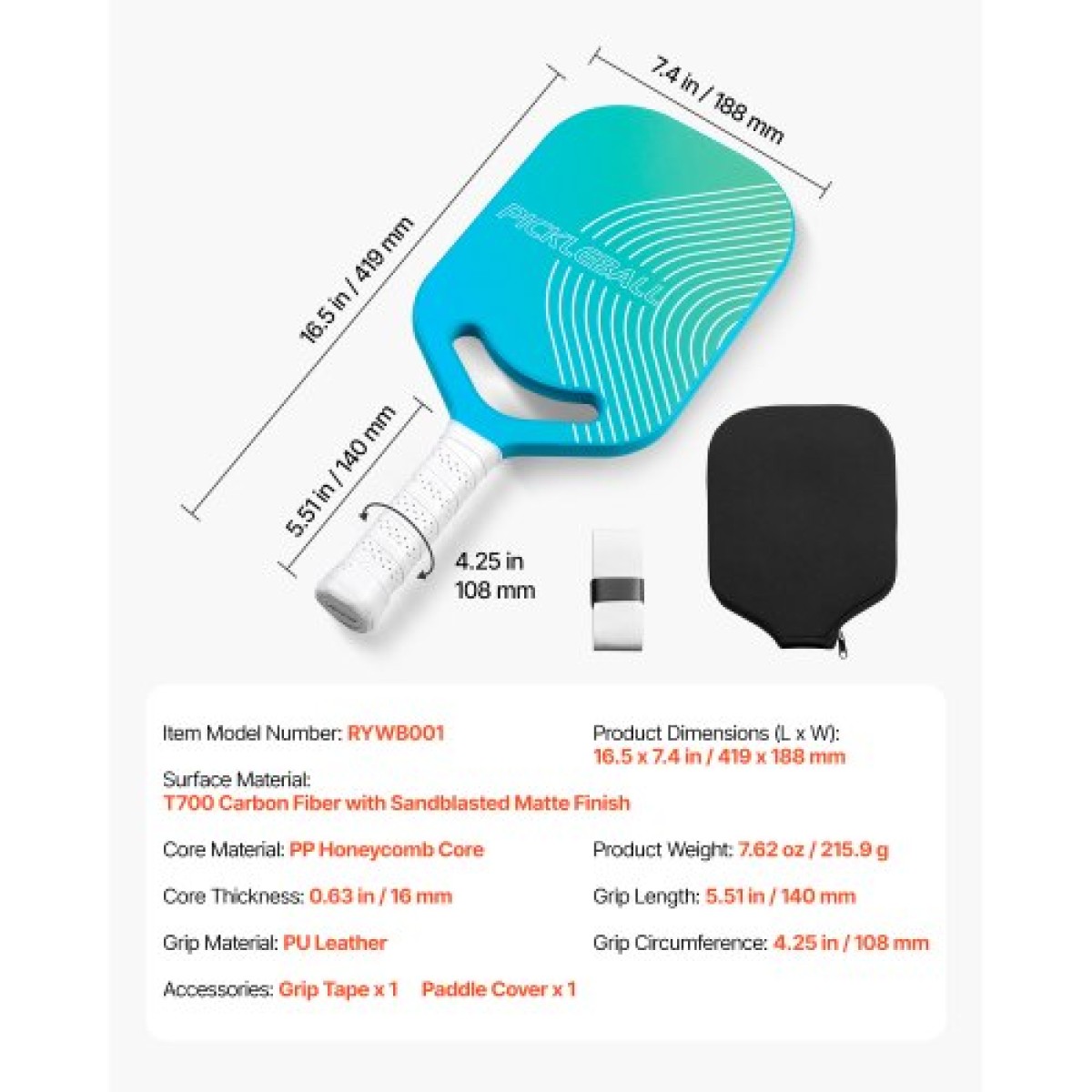 VEVOR Pickleball Paddle με Aero Throat, T700 Carbon Fiber Surface & Honeycomb Core, Professional Pickleball Paddle με αυξημένη ισχύ & έλεγχο & περιστροφή, Pickle Ball ρακέτα για ενήλικες, άνδρες και γυναίκες