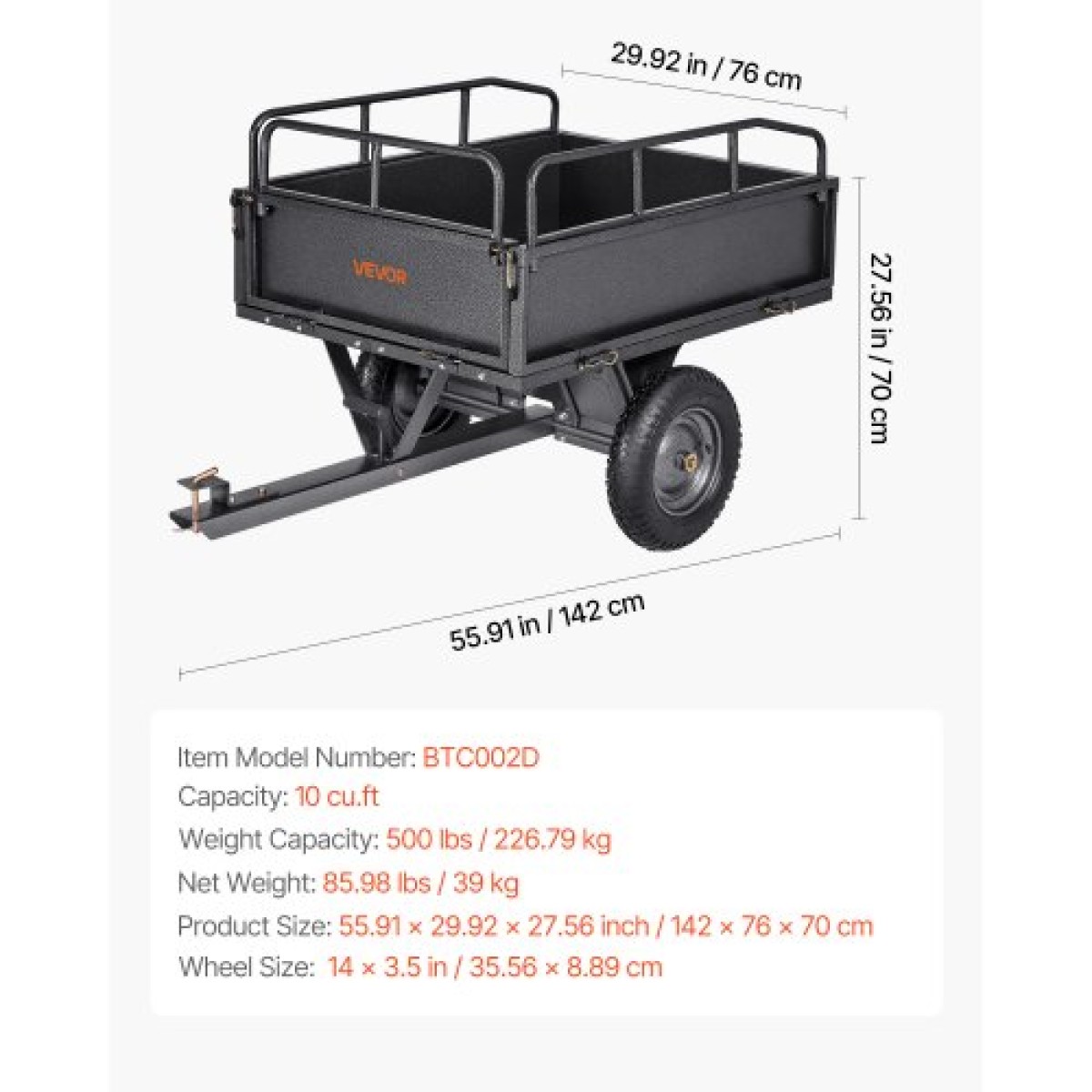 VEVOR Garden Utility Trailer, 10 Cu.Χωρητικότητα Ft & 227 kg, τρέιλερ μεταφοράς ATV UTV, ρυμούλκηση πίσω από χαλύβδινο καρότσι με ελαστικά 14", πεντάλ χειρός ή ποδιού, ρυμουλκούμενα βαρέως τύπου Yard για τρακτέρ χλοοκοπτικών