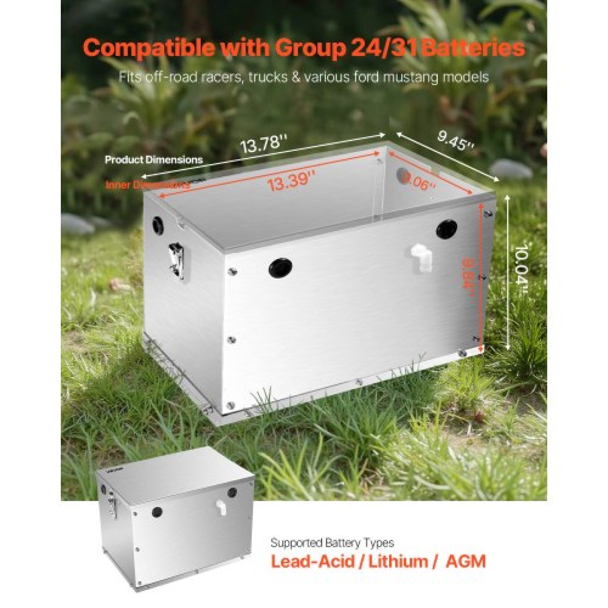 VEVOR Battery Box, Group 24/31 Trolling Motor Battery Box, Θήκη μπαταριών Marine με τρύπες καλωδίων από καουτσούκ, θήκη αποθήκευσης κελύφους από κράμα αλουμινίου, εύκολη εγκατάσταση, για δρομείς εκτός δρόμου, φορτηγά