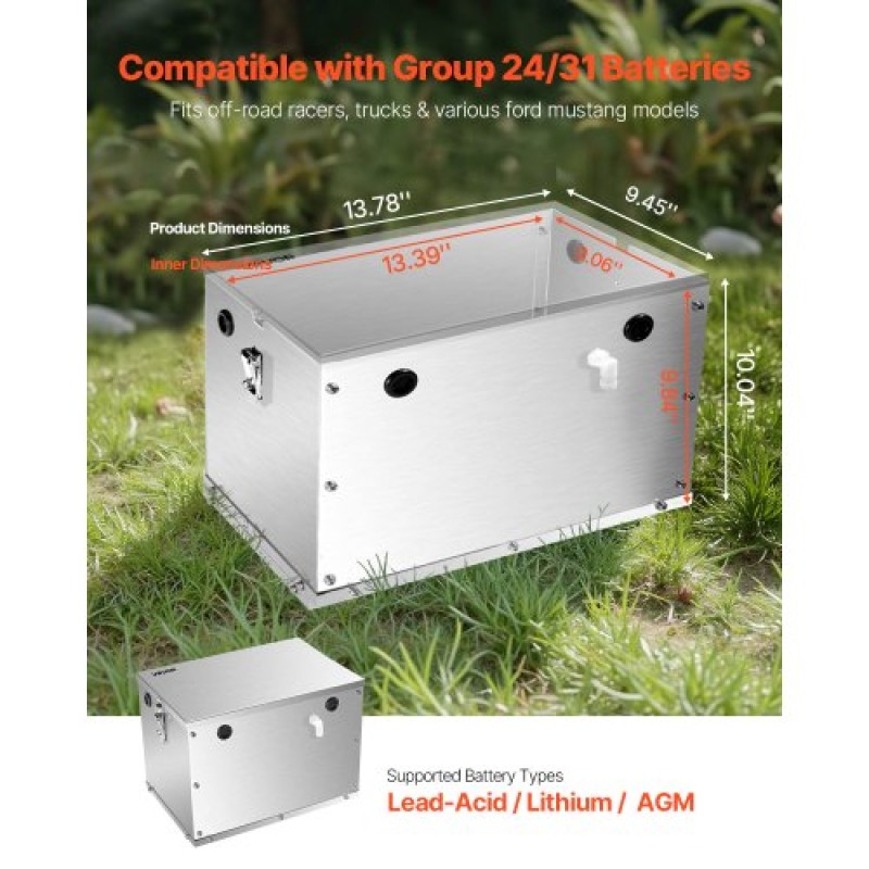 VEVOR Battery Box, Group 24/31 Trolling Motor Battery Box, Θήκη μπαταριών Marine με τρύπες καλωδίων από καουτσούκ, θήκη αποθήκευσης κελύφους από κράμα αλουμινίου, εύκολη εγκατάσταση, για δρομείς εκτός δρόμου, φορτηγά