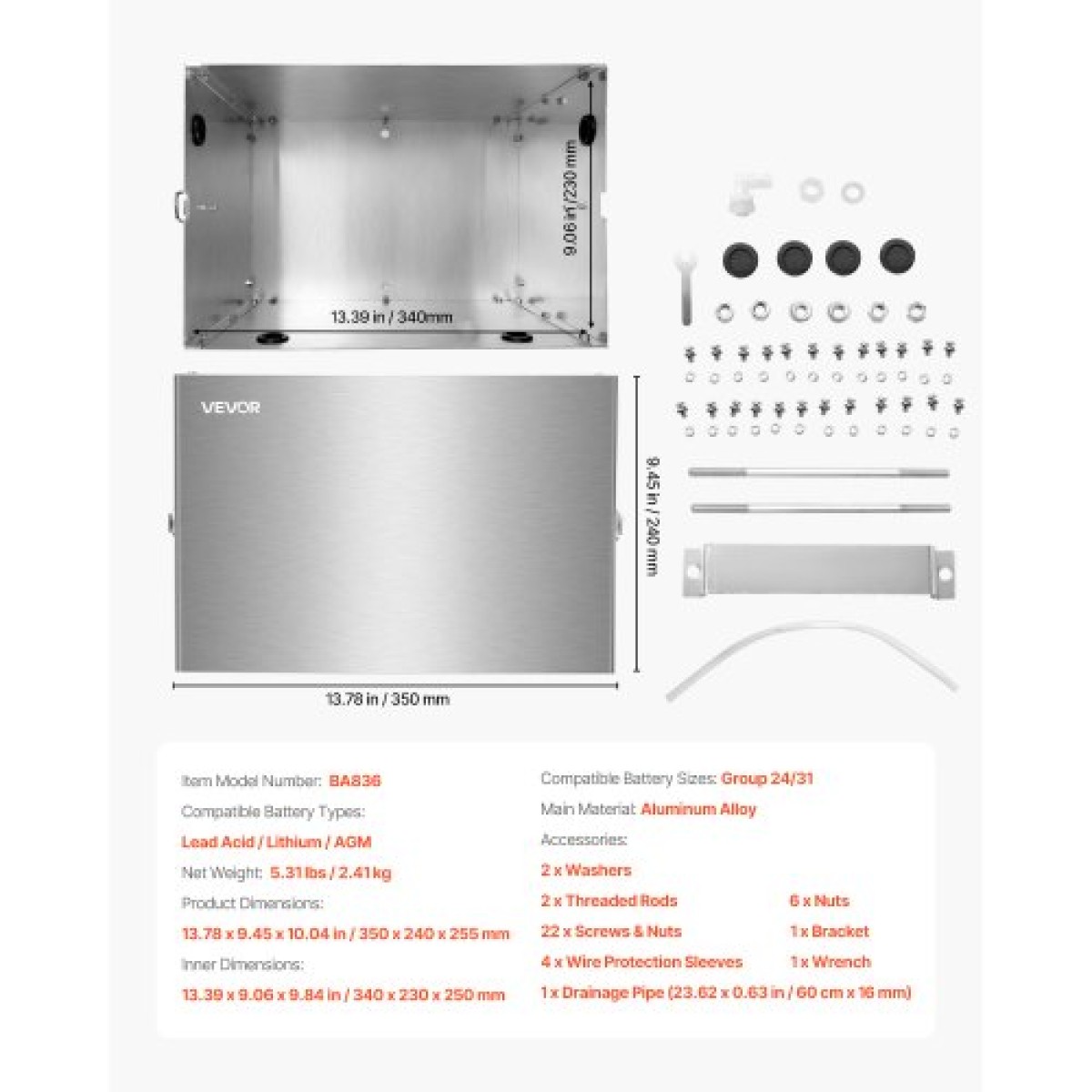 VEVOR Battery Box, Group 24/31 Trolling Motor Battery Box, Θήκη μπαταριών Marine με τρύπες καλωδίων από καουτσούκ, θήκη αποθήκευσης κελύφους από κράμα αλουμινίου, εύκολη εγκατάσταση, για δρομείς εκτός δρόμου, φορτηγά