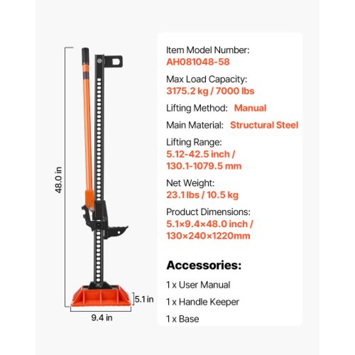 VEVOR Farm Jack with Base, 122cm Utility High Lift Farm Jack, 3,18 Ton Capacity Ratcheting Off Road Utility Jacks, Heavy-Duty Jacks Lift with 130,1-1079,5 mm Range Lifting for Tractor, Truck, SUV