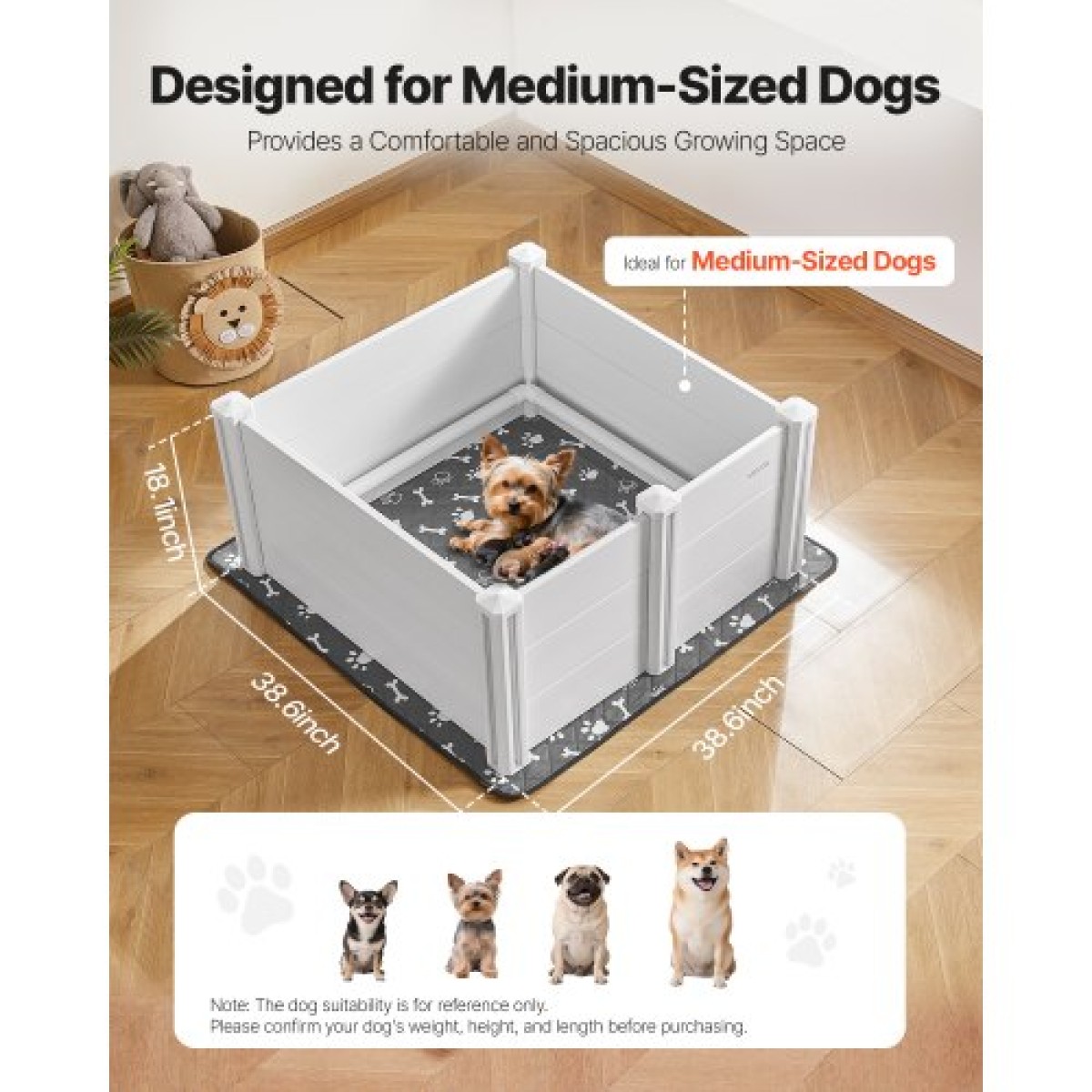 VEVOR Dogs Whelping Box, 38,6 x 38,6 x 18,1 ιντσών, πλαστικό PVC κουτάβια παρκοκρέβατο με ρυθμιζόμενη ύψος πόρτας και πλενόμενο μαξιλαράκι κατούρησης, στυλό παιχνιδιού για κουτάβια εσωτερικού χώρου κατά της παραμόρφωσης για σκύλους μέσης φυλής, Milk White