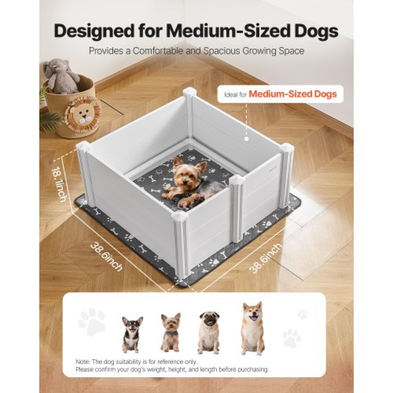 VEVOR Dogs Whelping Box, 38,6 x 38,6 x 18,1 ιντσών, πλαστικό PVC κουτάβια παρκοκρέβατο με ρυθμιζόμενη ύψος πόρτας και πλενόμενο μαξιλαράκι κατούρησης, στυλό παιχνιδιού για κουτάβια εσωτερικού χώρου κατά της παραμόρφωσης για σκύλους μέσης φυλής, Milk White