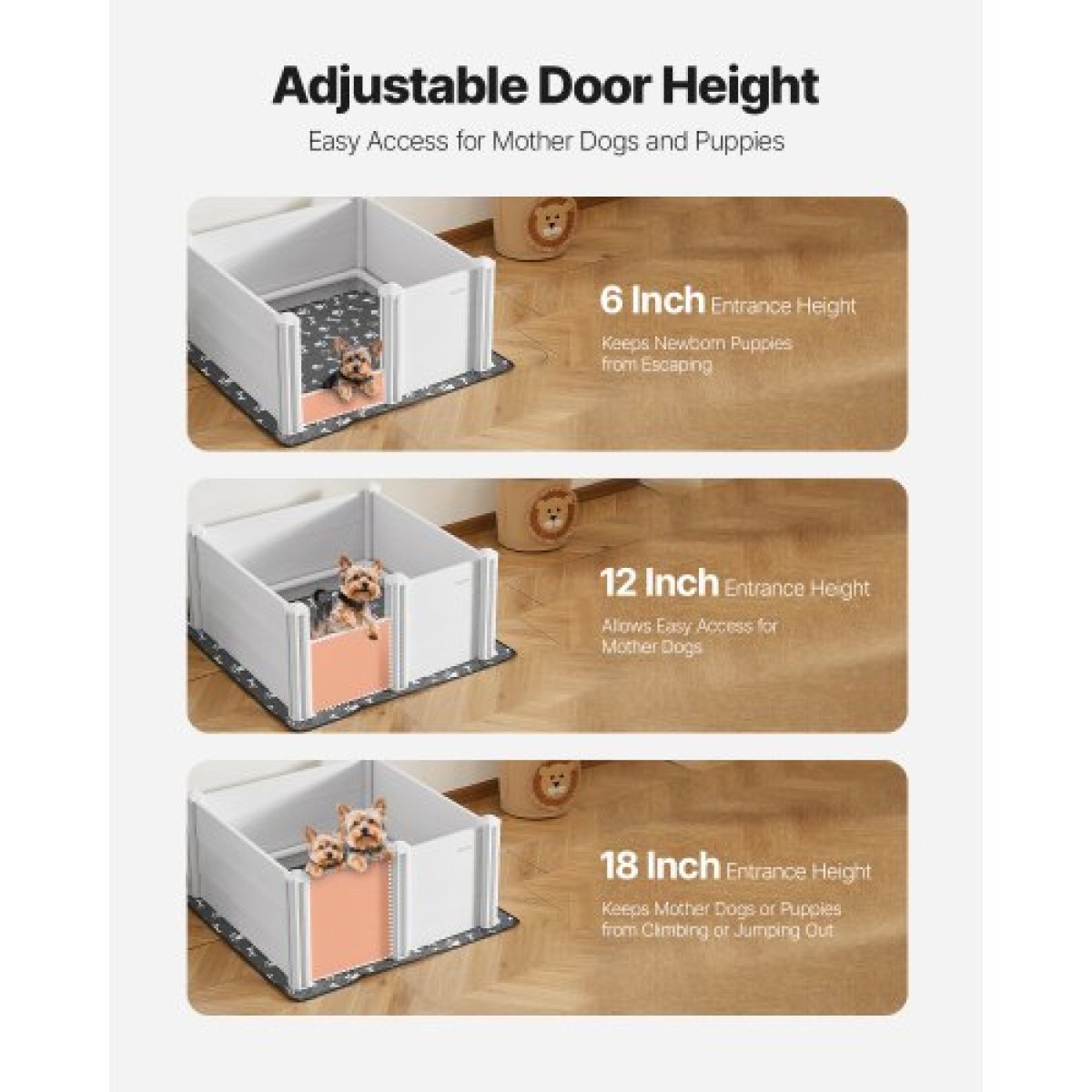 VEVOR Dogs Whelping Box, 38,6 x 38,6 x 18,1 ιντσών, πλαστικό PVC κουτάβια παρκοκρέβατο με ρυθμιζόμενη ύψος πόρτας και πλενόμενο μαξιλαράκι κατούρησης, στυλό παιχνιδιού για κουτάβια εσωτερικού χώρου κατά της παραμόρφωσης για σκύλους μέσης φυλής, Milk White