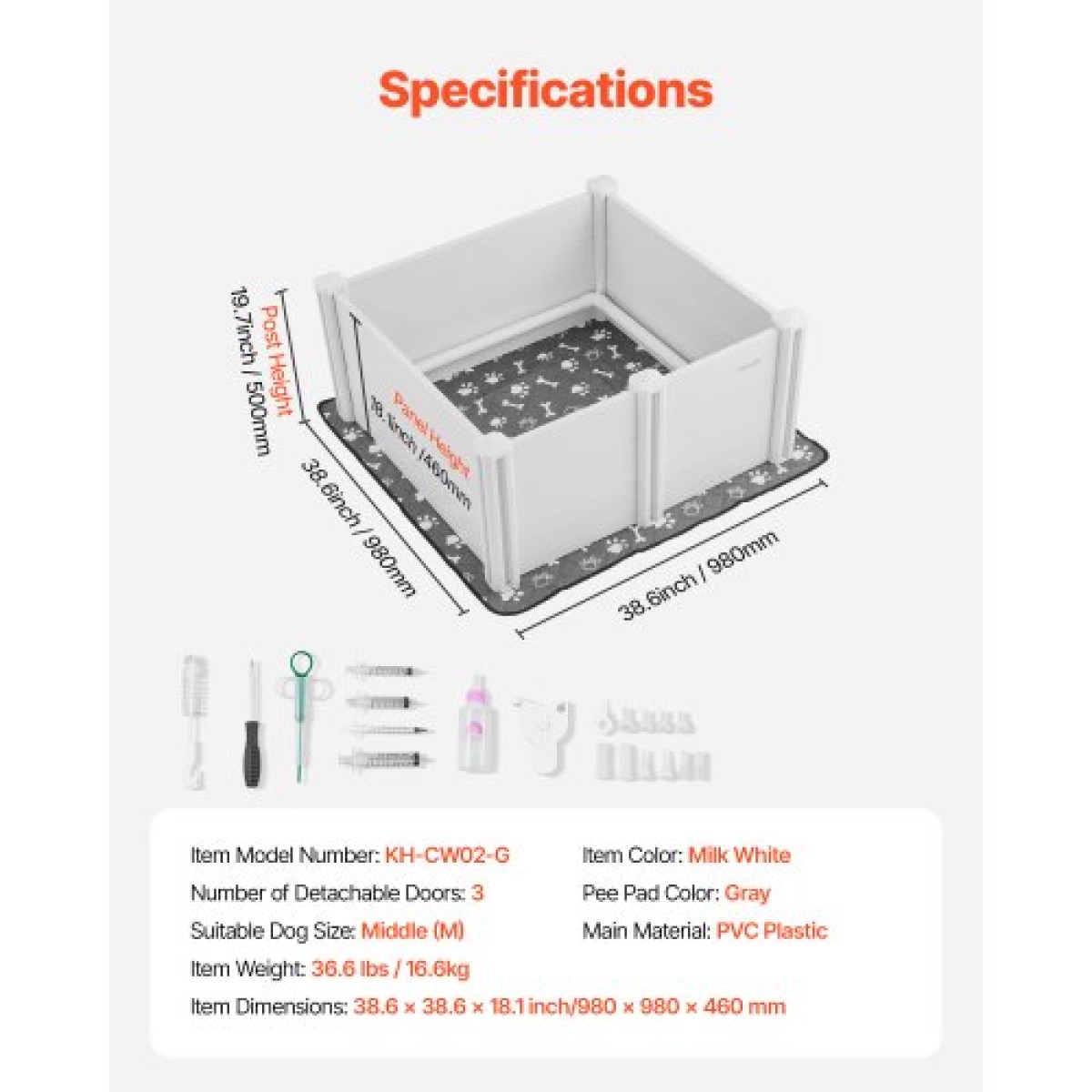 VEVOR Dogs Whelping Box, 38,6 x 38,6 x 18,1 ιντσών, πλαστικό PVC κουτάβια παρκοκρέβατο με ρυθμιζόμενη ύψος πόρτας και πλενόμενο μαξιλαράκι κατούρησης, στυλό παιχνιδιού για κουτάβια εσωτερικού χώρου κατά της παραμόρφωσης για σκύλους μέσης φυλής, Milk White