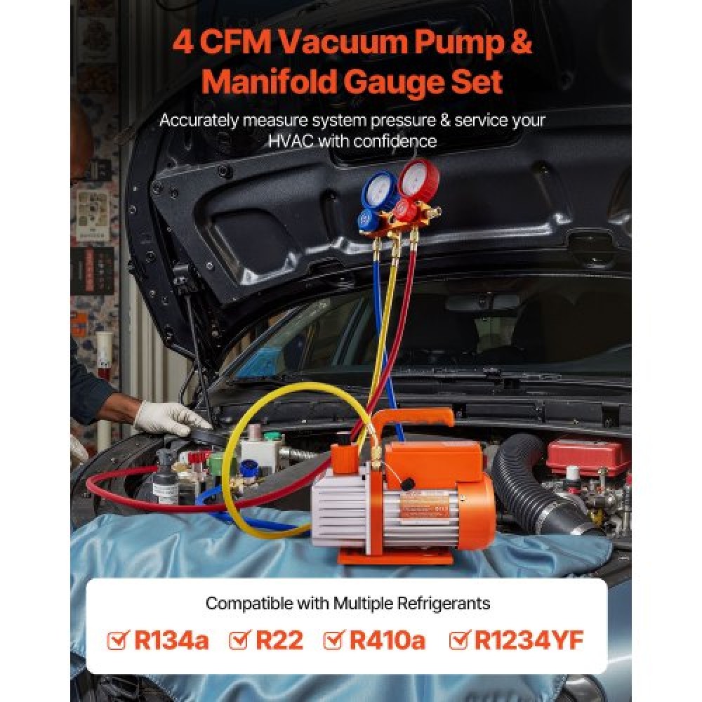 VEVOR 115 L/min AC Vacuum Pump and Gauge Set, Single Stage, Rotary Vane HVAC Air Vacuum Pump, A/C Refrigerant Manifold Gauge Kit, with Leak Detector, Carry Bag, for R134a R22 R410a R1234YF Refrigerant