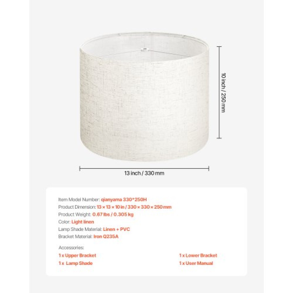 Φωτιστικό VEVOR Drum Drum, 13 in Top x 13 in Bottom x 10 in High, Medium Drum Len αμπαζούρ, Ανταλλακτικό φωτιστικό για επιτραπέζια φωτιστικά Φωτιστικά δαπέδου Κρεμαστά φώτα, Απαιτείται εύκολη συναρμολόγηση (ελαφρύ λινό)