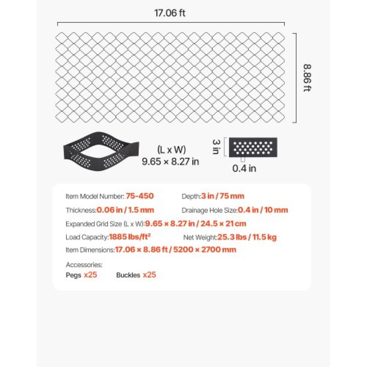 VEVOR Gravel Grid, 3 Inch Depth, 17,06 x 8,86 FT / 5200 x 2700 mm, 1880 LBS Per Sq ft Grass Ground Retainer, Permeable Geo Grids Driveway Stabilization, for Garden, Patio, Walkway, RV Parking Slopes