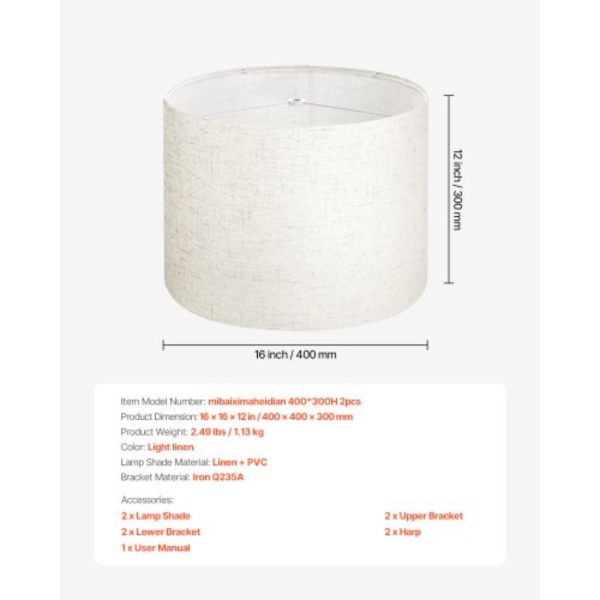 VEVOR Drum Lamp Shade 2 Set, 16 in Top x 16 in Bottom x 12 in High, Large Lampshade with Harp, Ανταλλακτικό φωτιστικό για επιτραπέζια φωτιστικά Φωτιστικά δαπέδου Κρεμαστά φώτα, Απαιτείται εύκολη συναρμολόγηση (ελαφρύ λινό)