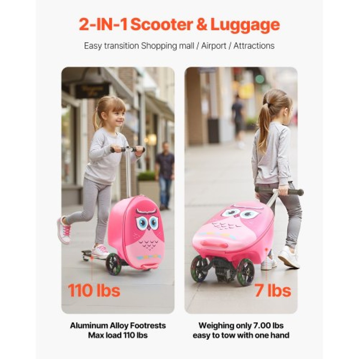 Αποσκευές VEVOR Ride-on, χωρητικότητα 20 λίτρων, βαλίτσα παιδικού σκούτερ 20 ιντσών με τροχούς Flash PU, ρυθμιζόμενη λαβή & αντιολισθητική λαβή TPR, αναδιπλούμενη & ελαφριά αποσκευή σκούτερ για παιδιά ηλικίας 5+, ροζ