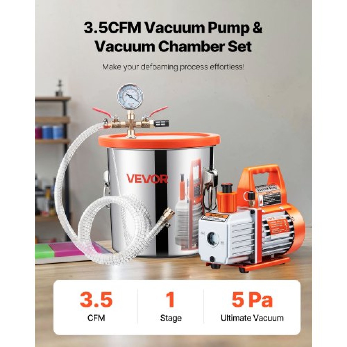 VEVOR 11,36 L Θάλαμος κενού με αντλία, 110 L/min, ανοξείδωτος χάλυβας, κιτ θαλάμου απαέρωσης, αντλία κενού μονού σταδίου, καπάκι από σκληρυμένο γυαλί, σωλήνας 1,5 m, λάδι, για σταθεροποίηση ρητίνης σιλικόνης απαερίωσης ξύλου