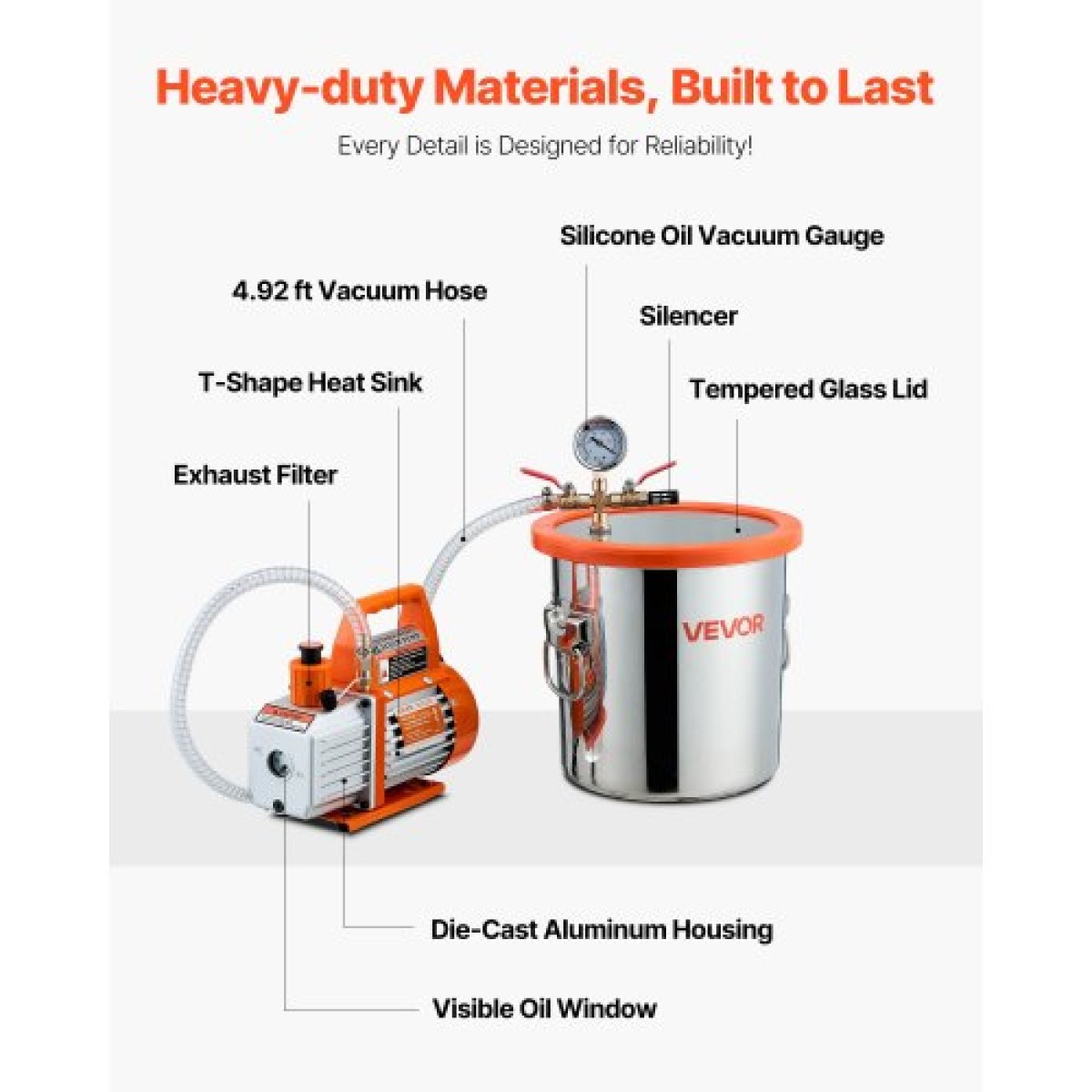 VEVOR 11,36 L Θάλαμος κενού με αντλία, 110 L/min, ανοξείδωτος χάλυβας, κιτ θαλάμου απαέρωσης, αντλία κενού μονού σταδίου, καπάκι από σκληρυμένο γυαλί, σωλήνας 1,5 m, λάδι, για σταθεροποίηση ρητίνης σιλικόνης απαερίωσης ξύλου