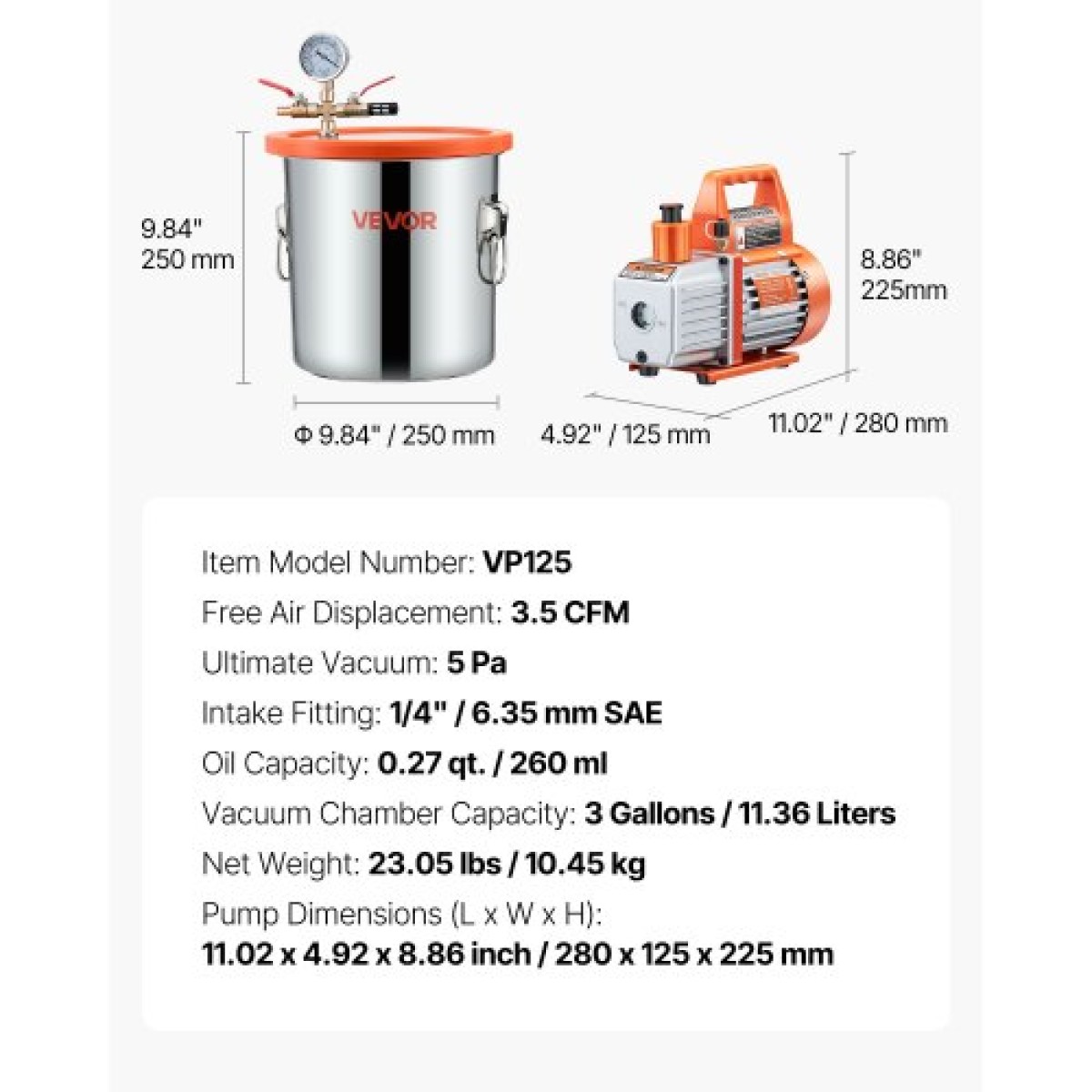 VEVOR 11,36 L Θάλαμος κενού με αντλία, 110 L/min, ανοξείδωτος χάλυβας, κιτ θαλάμου απαέρωσης, αντλία κενού μονού σταδίου, καπάκι από σκληρυμένο γυαλί, σωλήνας 1,5 m, λάδι, για σταθεροποίηση ρητίνης σιλικόνης απαερίωσης ξύλου