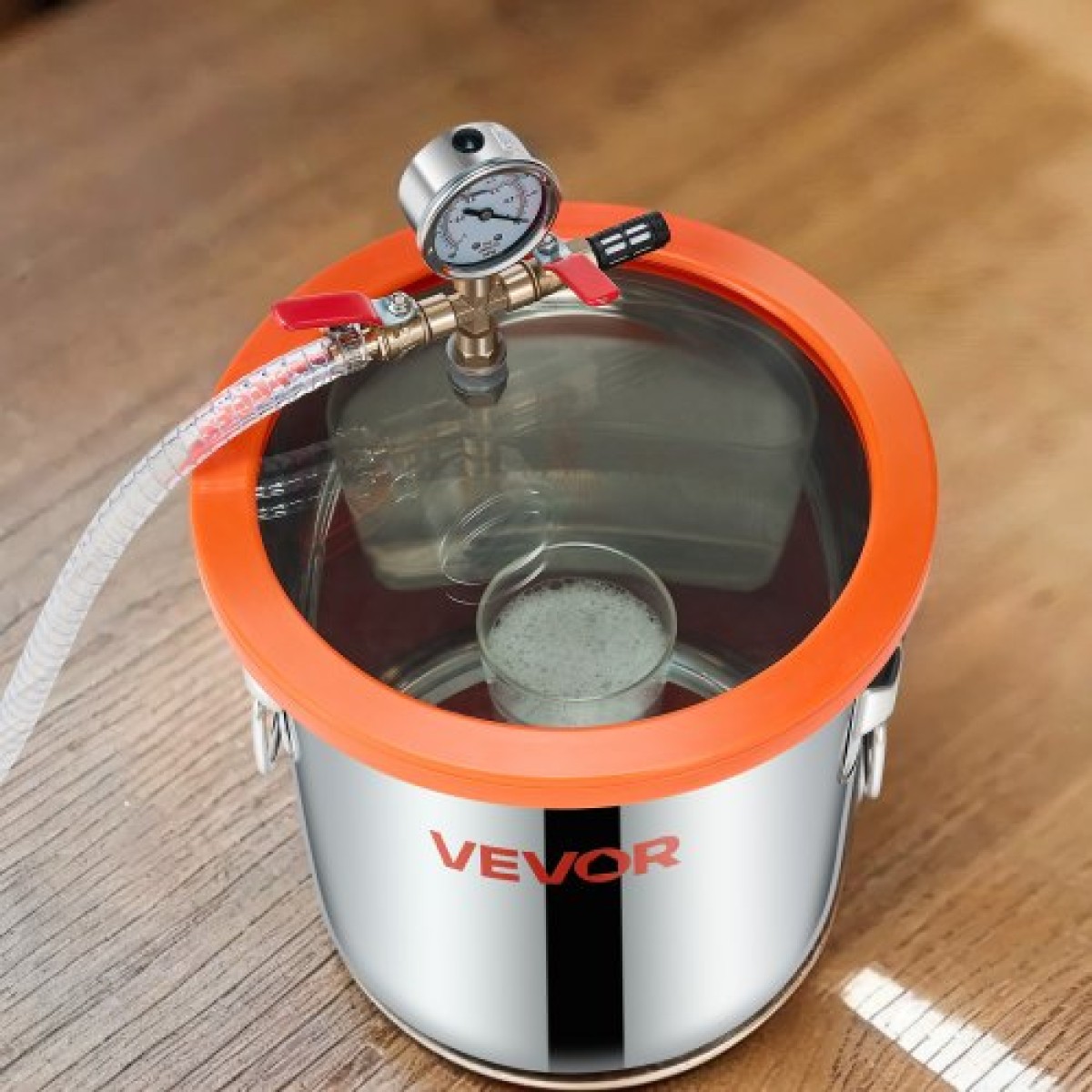 VEVOR 11,36 L Θάλαμος κενού με αντλία, 110 L/min, ανοξείδωτος χάλυβας, κιτ θαλάμου απαέρωσης, αντλία κενού μονού σταδίου, καπάκι από σκληρυμένο γυαλί, σωλήνας 1,5 m, λάδι, για σταθεροποίηση ρητίνης σιλικόνης απαερίωσης ξύλου