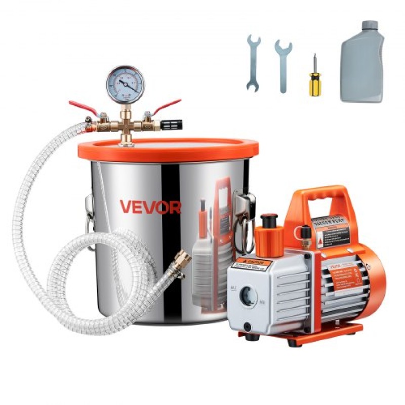 VEVOR 11,36 L Θάλαμος κενού με αντλία, 110 L/min, ανοξείδωτος χάλυβας, κιτ θαλάμου απαέρωσης, αντλία κενού μονού σταδίου, καπάκι από σκληρυμένο γυαλί, σωλήνας 1,5 m, λάδι, για σταθεροποίηση ρητίνης σιλικόνης απαερίωσης ξύλου