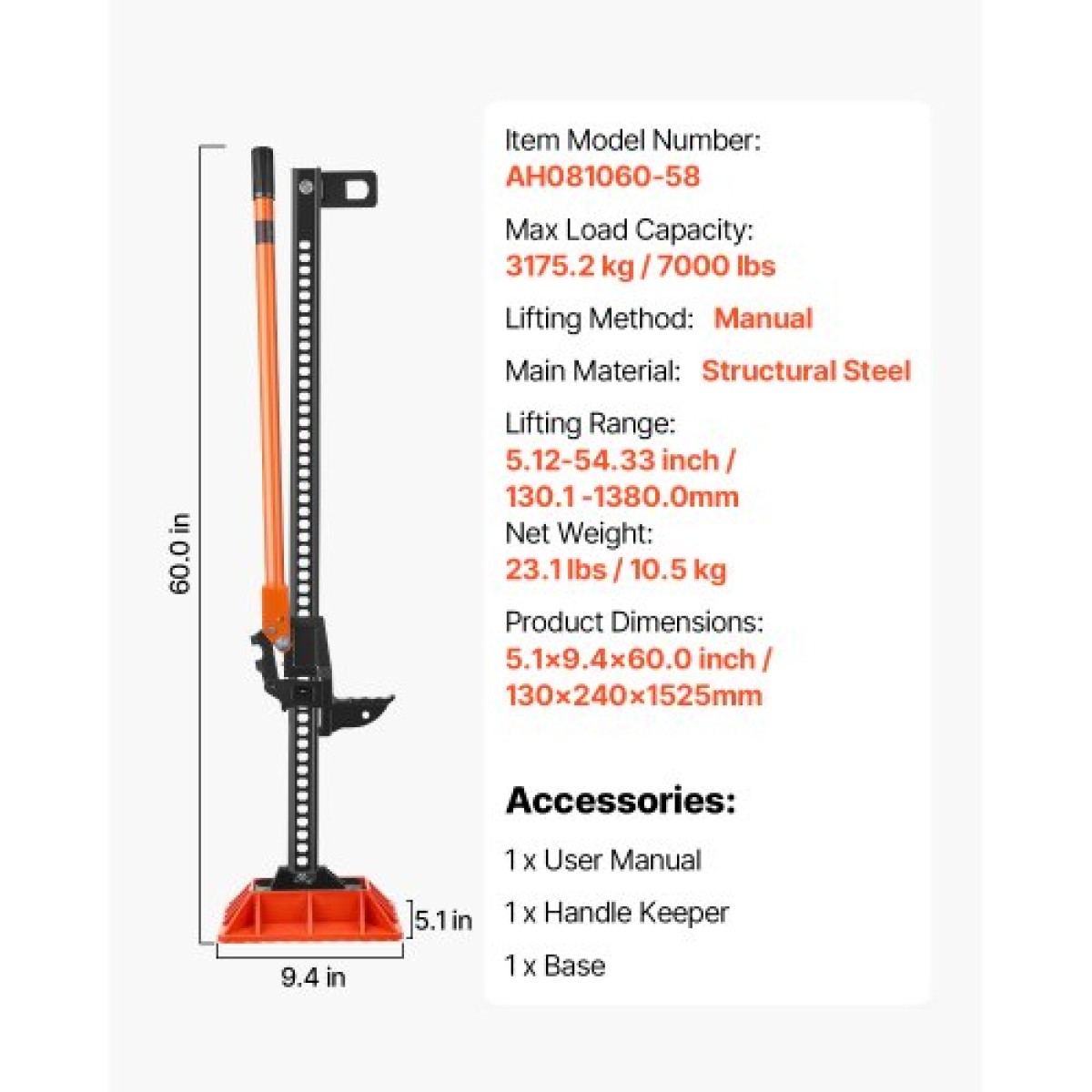 VEVOR Farm Jack with Base, 152,5 cm Utility High Lift Farm Jack, 3,18 Ton Capacity Ratcheting Off Road Utility Jacks, Heavy-Duty Lift Jacks με εύρος ανύψωσης 130,1-1380 mm για τρακτέρ, φορτηγό, SUV