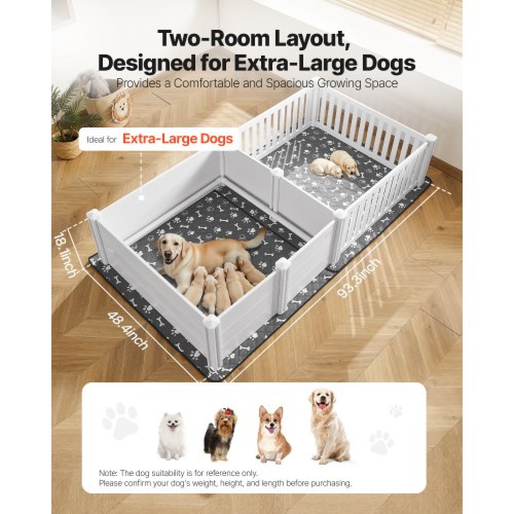 VEVOR Dogs Whelping Box, 93,3x48,4x18,1 ιντσών, πλαστικό PVC κουτάβια παρκοκρέβατο με ρυθμιζόμενο ύψος πόρτα και πλενόμενο μαξιλαράκι ούρων, διάταξη 2 δωματίων Εσωτερικό κουτάβι για σκύλους πολύ μεγάλης φυλής, Milk White