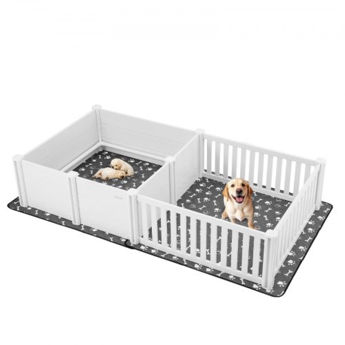 VEVOR Dogs Whelping Box, 93,3x48,4x18,1 ιντσών, πλαστικό PVC κουτάβια παρκοκρέβατο με ρυθμιζόμενο ύψος πόρτα και πλενόμενο μαξιλαράκι ούρων, διάταξη 2 δωματίων Εσωτερικό κουτάβι για σκύλους πολύ μεγάλης φυλής, Milk White
