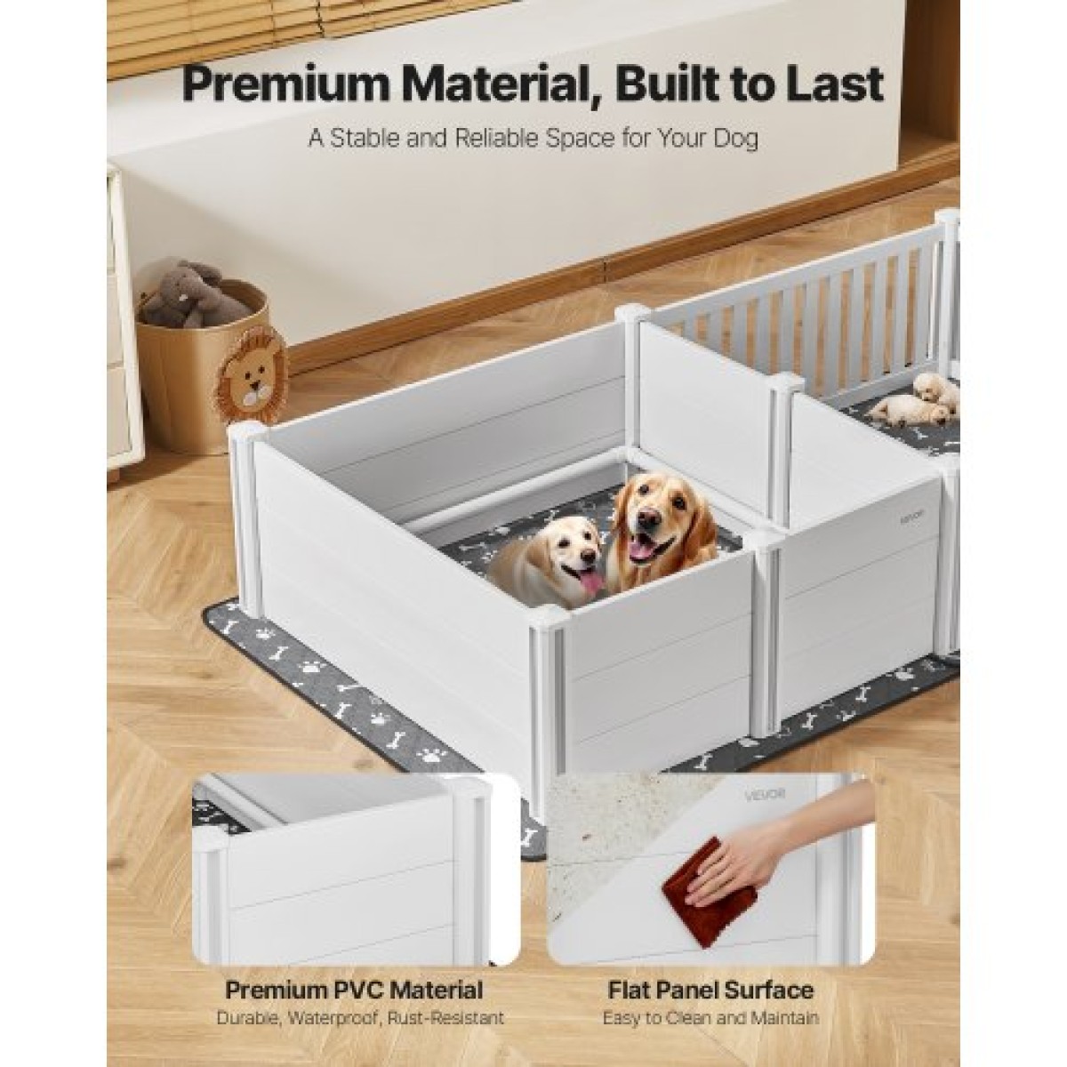 VEVOR Dogs Whelping Box, 93,3x48,4x18,1 ιντσών, πλαστικό PVC κουτάβια παρκοκρέβατο με ρυθμιζόμενο ύψος πόρτα και πλενόμενο μαξιλαράκι ούρων, διάταξη 2 δωματίων Εσωτερικό κουτάβι για σκύλους πολύ μεγάλης φυλής, Milk White
