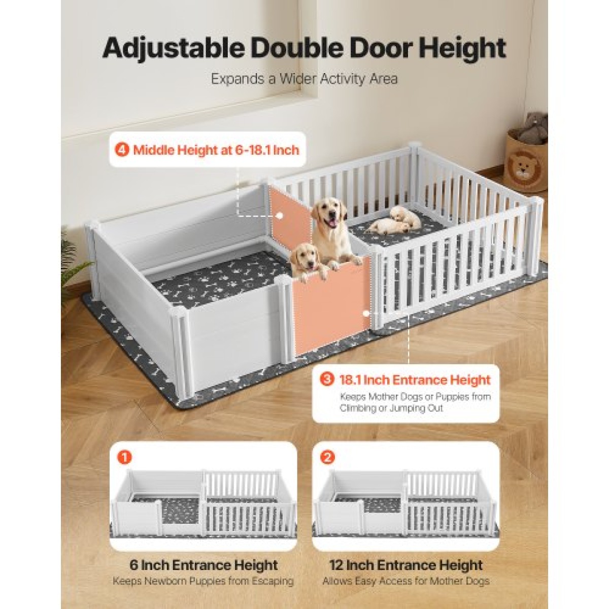 VEVOR Dogs Whelping Box, 93,3x48,4x18,1 ιντσών, πλαστικό PVC κουτάβια παρκοκρέβατο με ρυθμιζόμενο ύψος πόρτα και πλενόμενο μαξιλαράκι ούρων, διάταξη 2 δωματίων Εσωτερικό κουτάβι για σκύλους πολύ μεγάλης φυλής, Milk White
