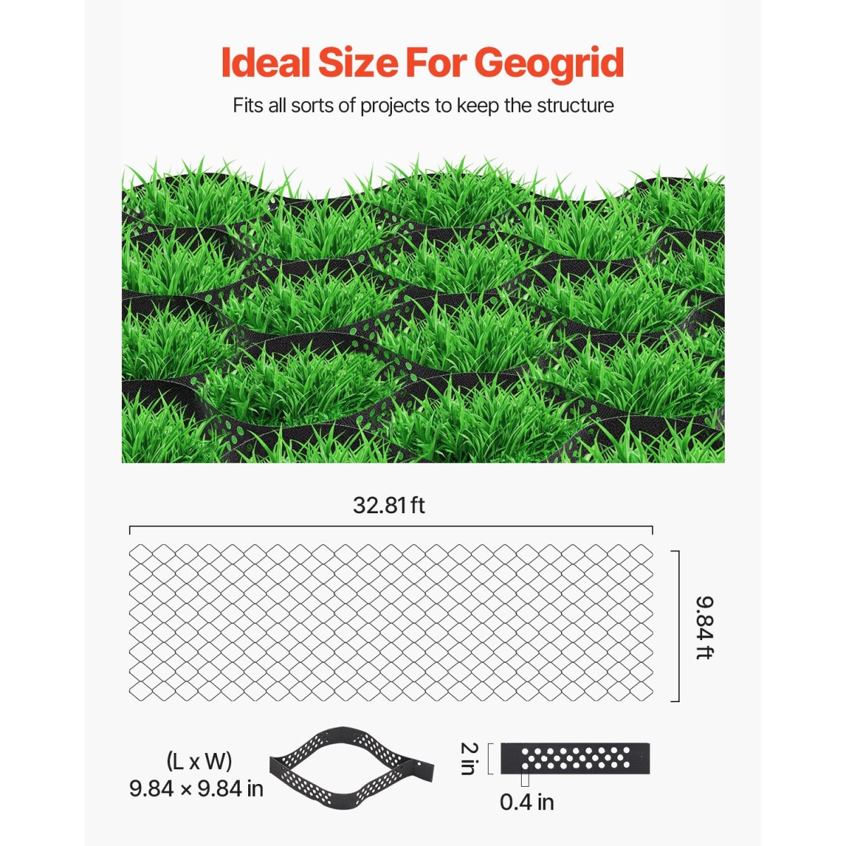 VEVOR Gravel Grid, 2 inch Depth, 32,81 x 9,84 FT / 10000 x 3000 mm, 1880 LBS Per Sq ft Grass Ground Retainer, Permeable Geo Grids Driveway Stabilization, for Garden, Patio, Walkway, RV Parking Slopes
