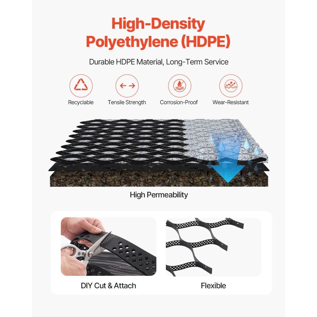 VEVOR Gravel Grid, 2 inch Depth, 32,81 x 9,84 FT / 10000 x 3000 mm, 1880 LBS Per Sq ft Grass Ground Retainer, Permeable Geo Grids Driveway Stabilization, for Garden, Patio, Walkway, RV Parking Slopes