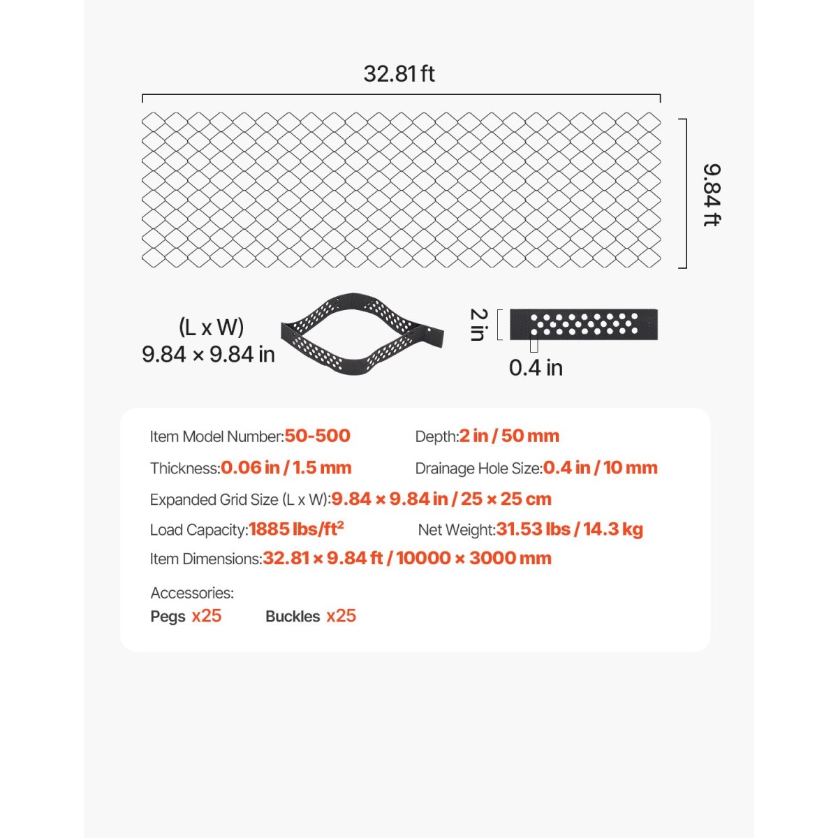 VEVOR Gravel Grid, 2 inch Depth, 32,81 x 9,84 FT / 10000 x 3000 mm, 1880 LBS Per Sq ft Grass Ground Retainer, Permeable Geo Grids Driveway Stabilization, for Garden, Patio, Walkway, RV Parking Slopes