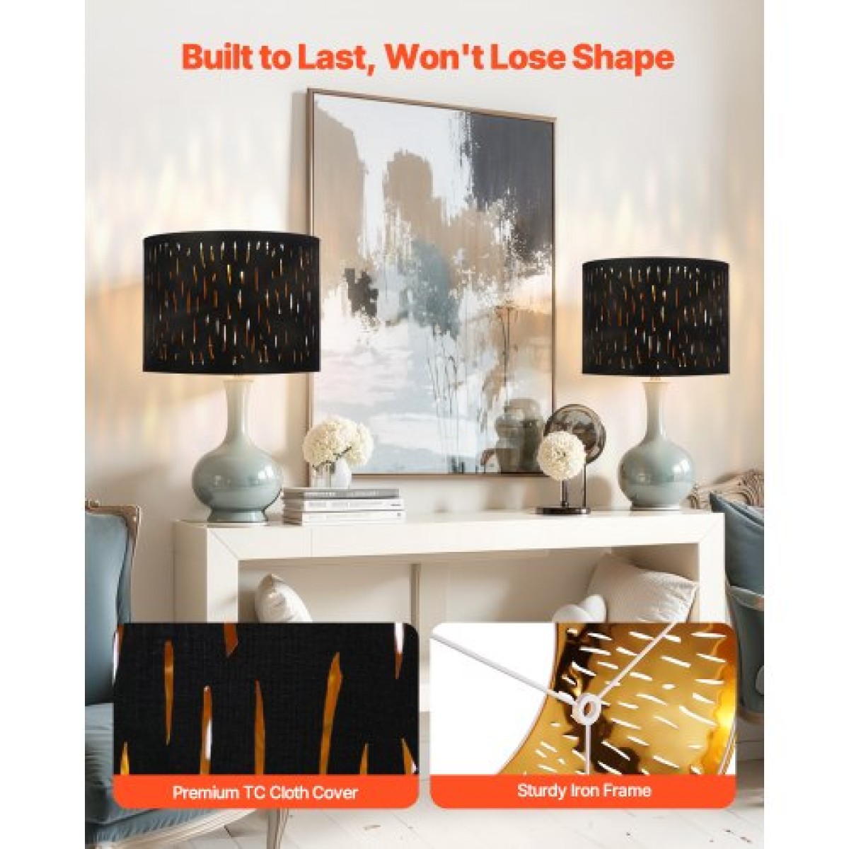 VEVOR Drum Lamp Shade 2 Set, 13 in Top x 13 in Bottom x 10 in High, Medium Drum Lampshade with Harp, Ανταλλακτικό φωτιστικό για επιτραπέζια φωτιστικά Φωτιστικά δαπέδου Κρεμαστά φώτα, Μαύρο κούφιο σχέδιο