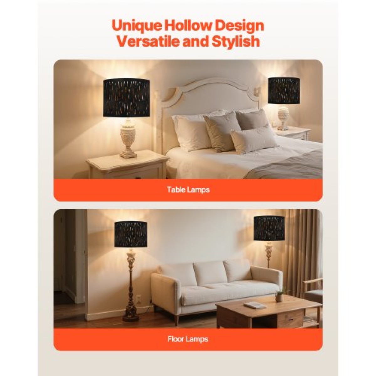 VEVOR Drum Lamp Shade 2 Set, 13 in Top x 13 in Bottom x 10 in High, Medium Drum Lampshade with Harp, Ανταλλακτικό φωτιστικό για επιτραπέζια φωτιστικά Φωτιστικά δαπέδου Κρεμαστά φώτα, Μαύρο κούφιο σχέδιο