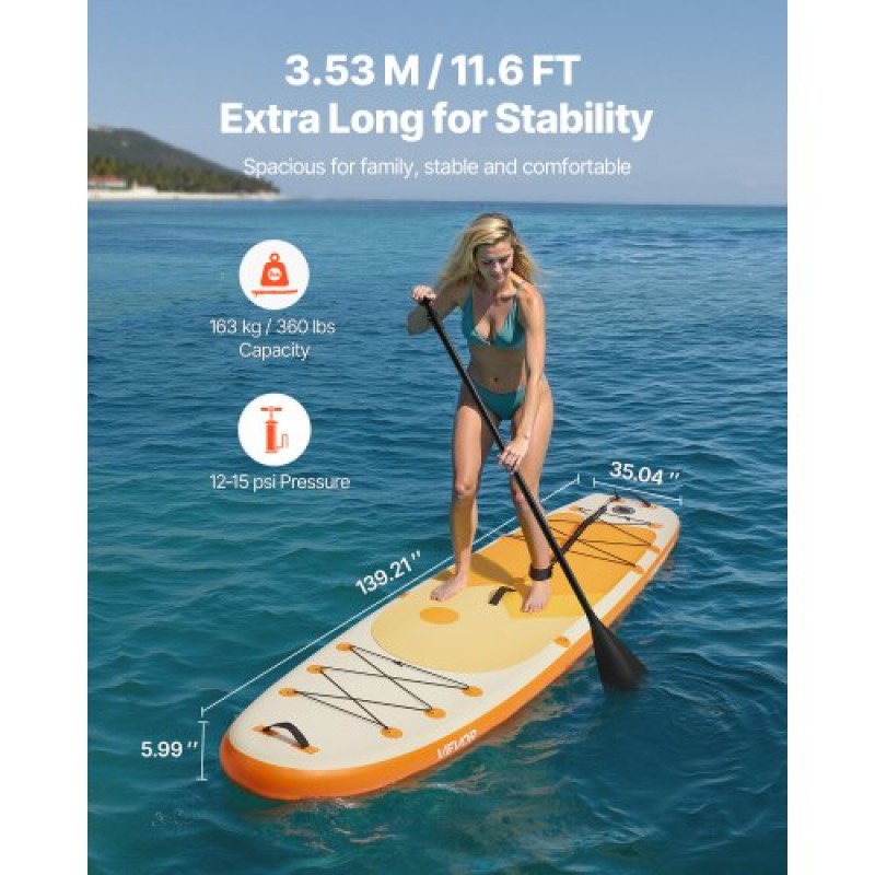 Φουσκωτό SUP Paddle Board VEVOR, 3,53m x 89cm x 15cm πλάτος Ultra-light SUP Paddle, Όλα τα αξεσουάρ περιλαμβάνονται, Αντλία, κουπί, πτερύγιο, σακίδιο πλάτης, λουρί αστραγάλου, λουρί, αντιολισθητικό κατάστρωμα για νέους, ενήλικες