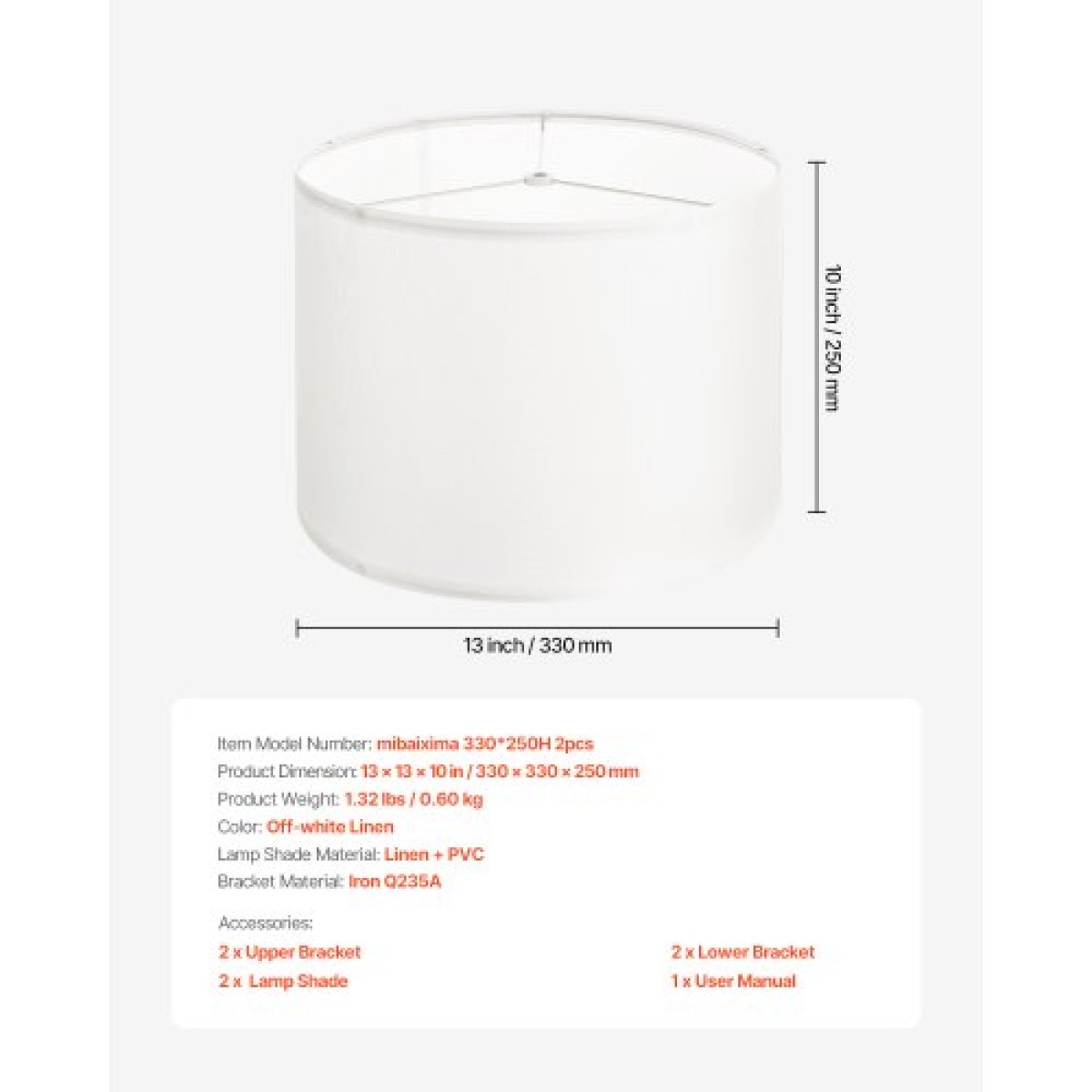 VEVOR Drum Lamp Shade 2 Set, 13 in Top x 13 in Bottom x 10 in High, Medium Drum Len αμπαζούρ, Ανταλλακτικό φωτιστικό για επιτραπέζια φωτιστικά Φωτιστικά δαπέδου Κρεμαστά φώτα, Απαιτείται εύκολη συναρμολόγηση (εκρού)