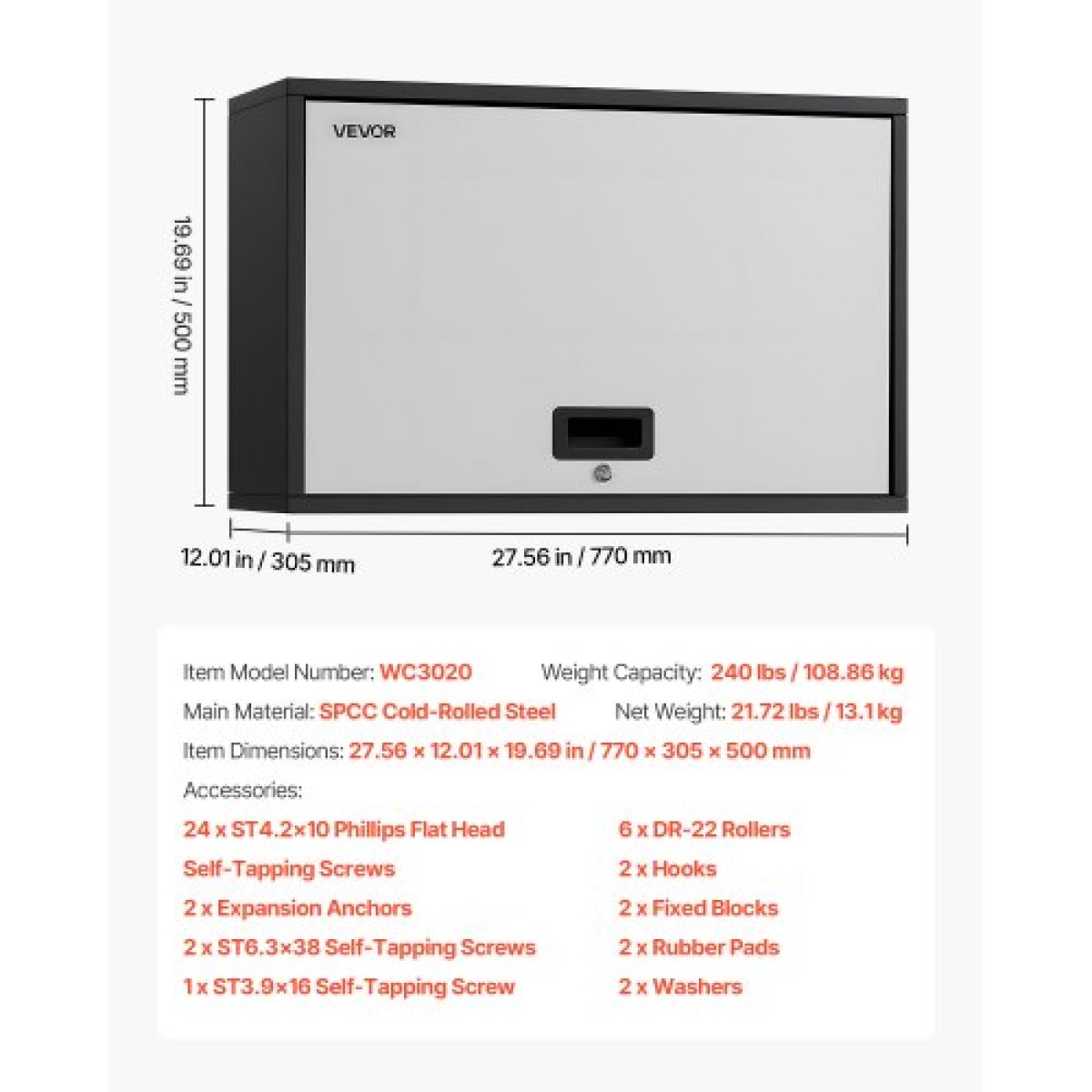 Μεταλλικό ντουλάπι τοίχου VEVOR, 77W x 30,5D x 50H cm, Πλωτό ντουλάπι εργαλείων γκαράζ με ανοδική πόρτα και ράφι, χωρητικότητα φόρτωσης 108,9 kg, Κατάλληλο για γκαράζ, υπόγειο, κουζίνα, απαιτείται συναρμολόγηση αποθήκης