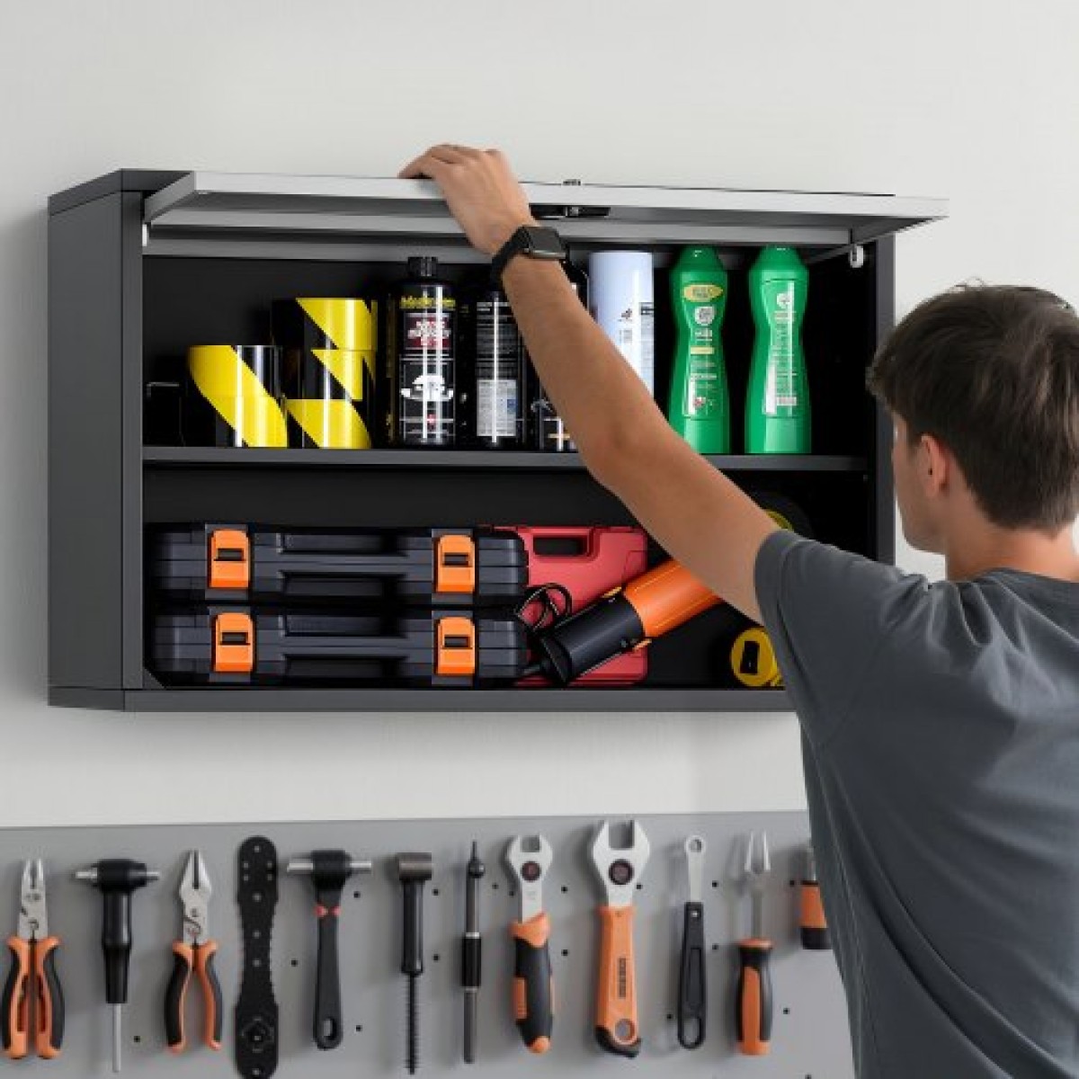 Μεταλλικό ντουλάπι τοίχου VEVOR, 77W x 30,5D x 50H cm, Πλωτό ντουλάπι εργαλείων γκαράζ με ανοδική πόρτα και ράφι, χωρητικότητα φόρτωσης 108,9 kg, Κατάλληλο για γκαράζ, υπόγειο, κουζίνα, απαιτείται συναρμολόγηση αποθήκης