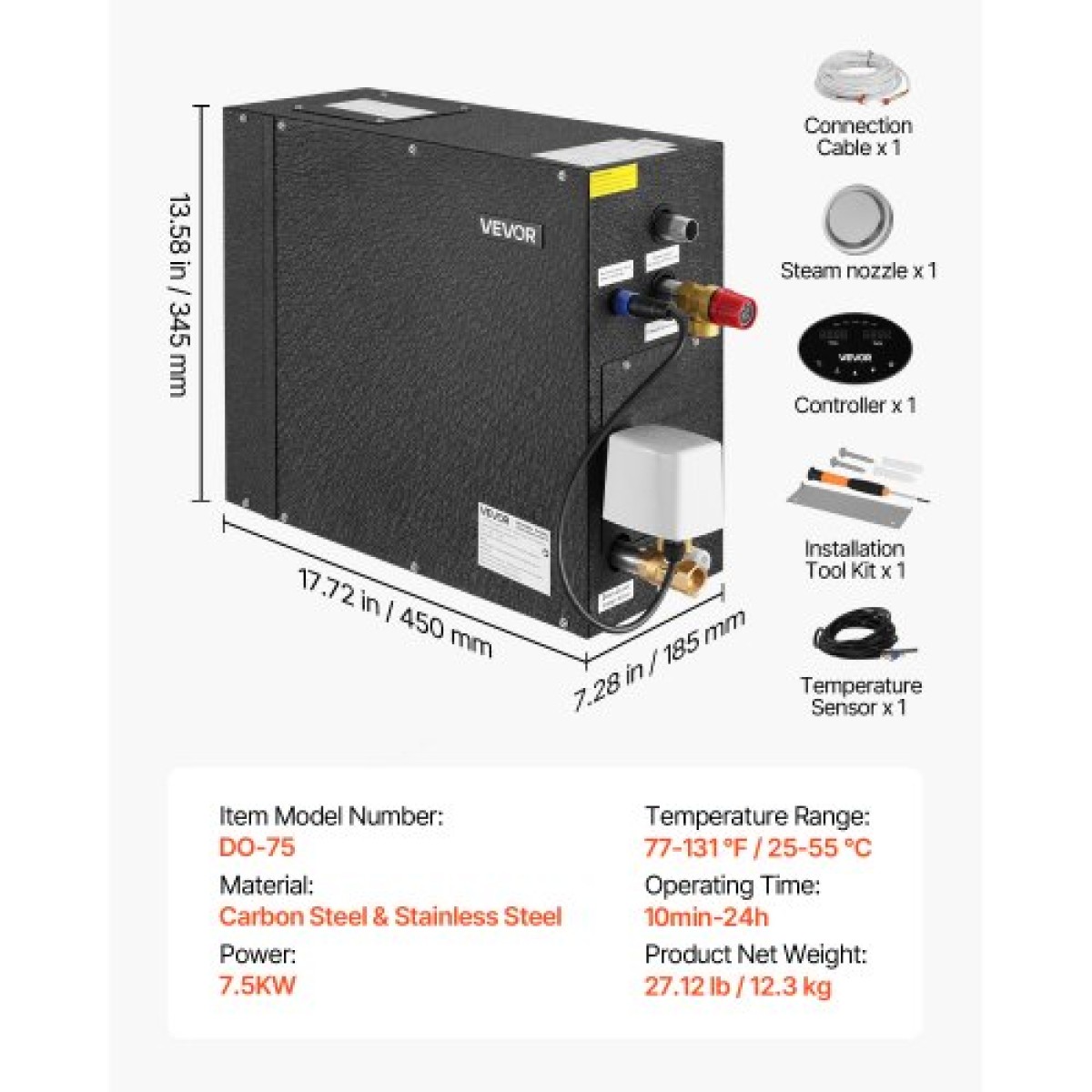 Γεννήτρια ατμού VEVOR, Σύστημα ντους ατμού 7,5 kW με ελεγκτή για σπα μπάνιου σάουνας σπιτιού, Εμπορικό κιτ αυτόματης αποστράγγισης με υπερθέρμανση, προστασία από ξηρή λειτουργία και υπερπίεση, αποτελεσματικό από 10 λεπτά έως 24 ώρες, μαύρο