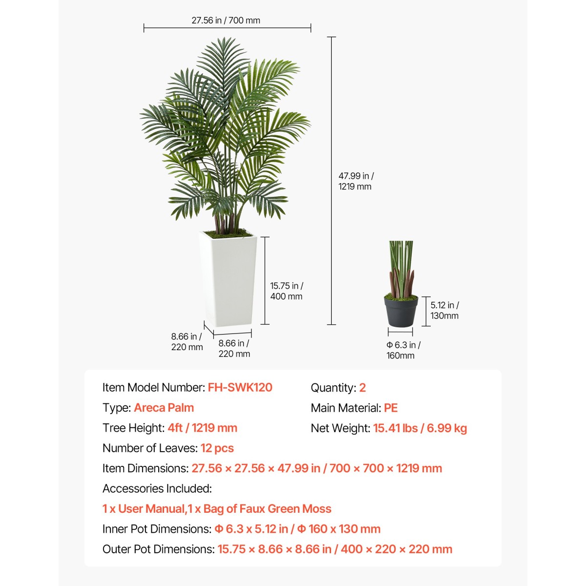VEVOR Artificial Areca Palm 1219 mm, 2 Συσκευασία Ψεύτικος Φοίνικας Τροπικά Φυτά με Λευκή Ψηλή Ζαρντινιέρα, Φυτό από ψεύτικο δάπεδο μετάξι σε γλάστρα, Μεγάλο Δέντρο για Διακόσμηση Σαλονιού Γραφείου Σπίτι Θέρμανση, Εσωτερικός εξωτερικός χώρος