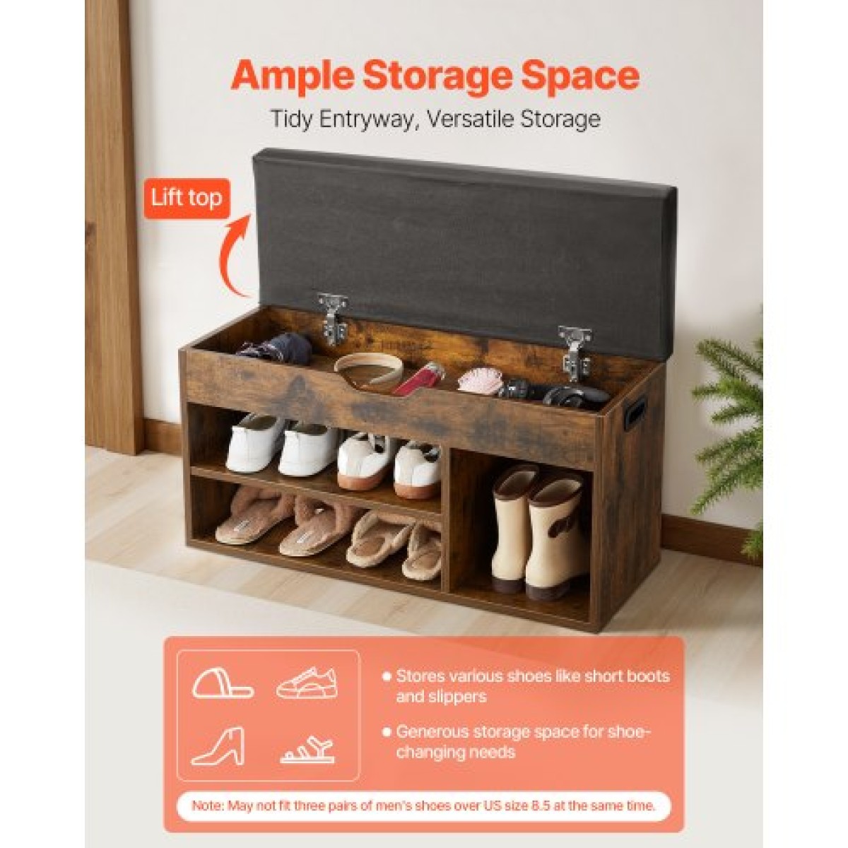 Πάγκος παπουτσιών VEVOR Entryway, 805 x 305 x 445 mm Organizer αποθήκευσης παπουτσιών με κρυφό ανελκυστήρα στο επάνω μέρος αποθήκευσης, πάγκος 300 lbs με μαξιλαράκι και 3 ντουλάπια για διάδρομο, σαλόνι, υπνοδωμάτιο, καφέ + μαύρο