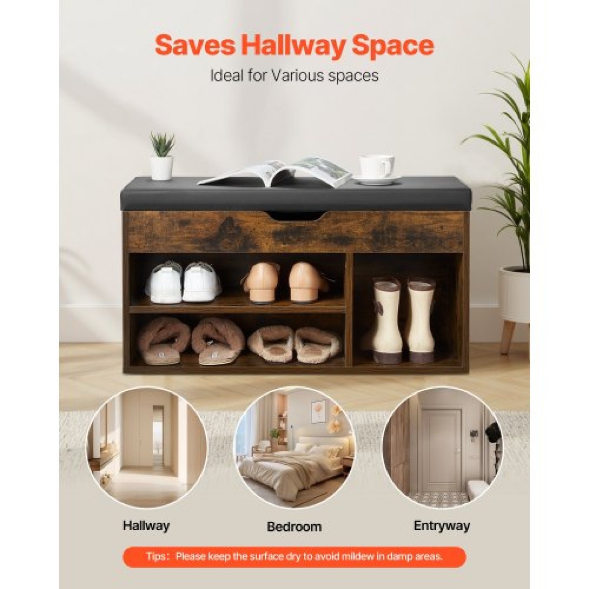 Πάγκος παπουτσιών VEVOR Entryway, 805 x 305 x 445 mm Organizer αποθήκευσης παπουτσιών με κρυφό ανελκυστήρα στο επάνω μέρος αποθήκευσης, πάγκος 300 lbs με μαξιλαράκι και 3 ντουλάπια για διάδρομο, σαλόνι, υπνοδωμάτιο, καφέ + μαύρο