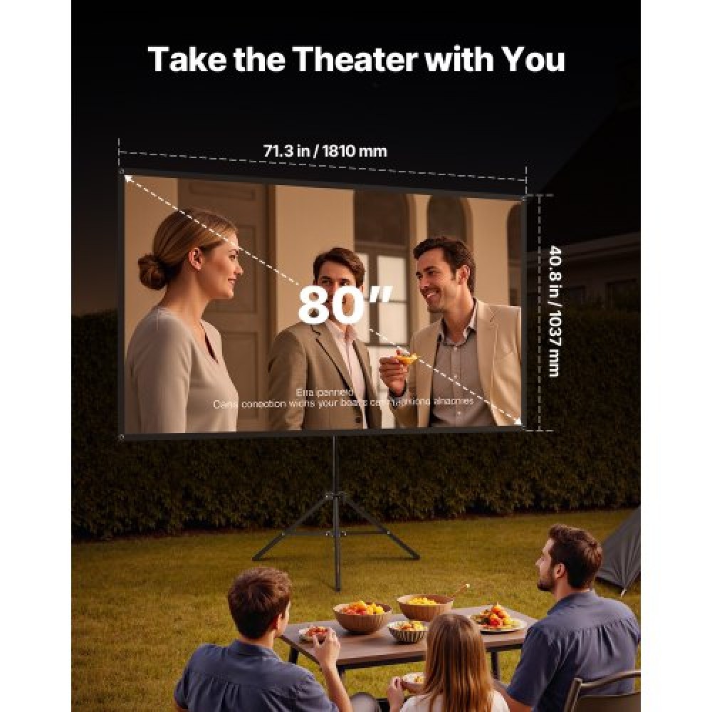 VEVOR Tripod Projector Screen with Stand 80 Inch 160° Wide Angle 4K HD 16:9